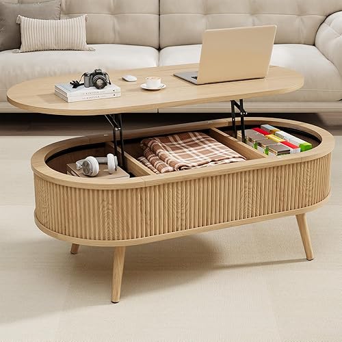 Mesa auxiliar ovalada con almacenamiento, moderna mesa de centro acanalada con parte superior elevadora, mesas de centro pequeñas con Roble
