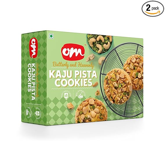 Om Sweets and Snacks Kaju Pista Cookies |No added colours or preservatives | Fresh Products | Ready to eat | Finest snack | Tea time snacks | 350 Gms each | Pack of 2