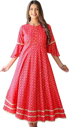 Yash Gallery Womens Rayon Plus Size Floral Printed Flared Calf Length Bell Sleeve Anarkali Kurtis Dress For Summer