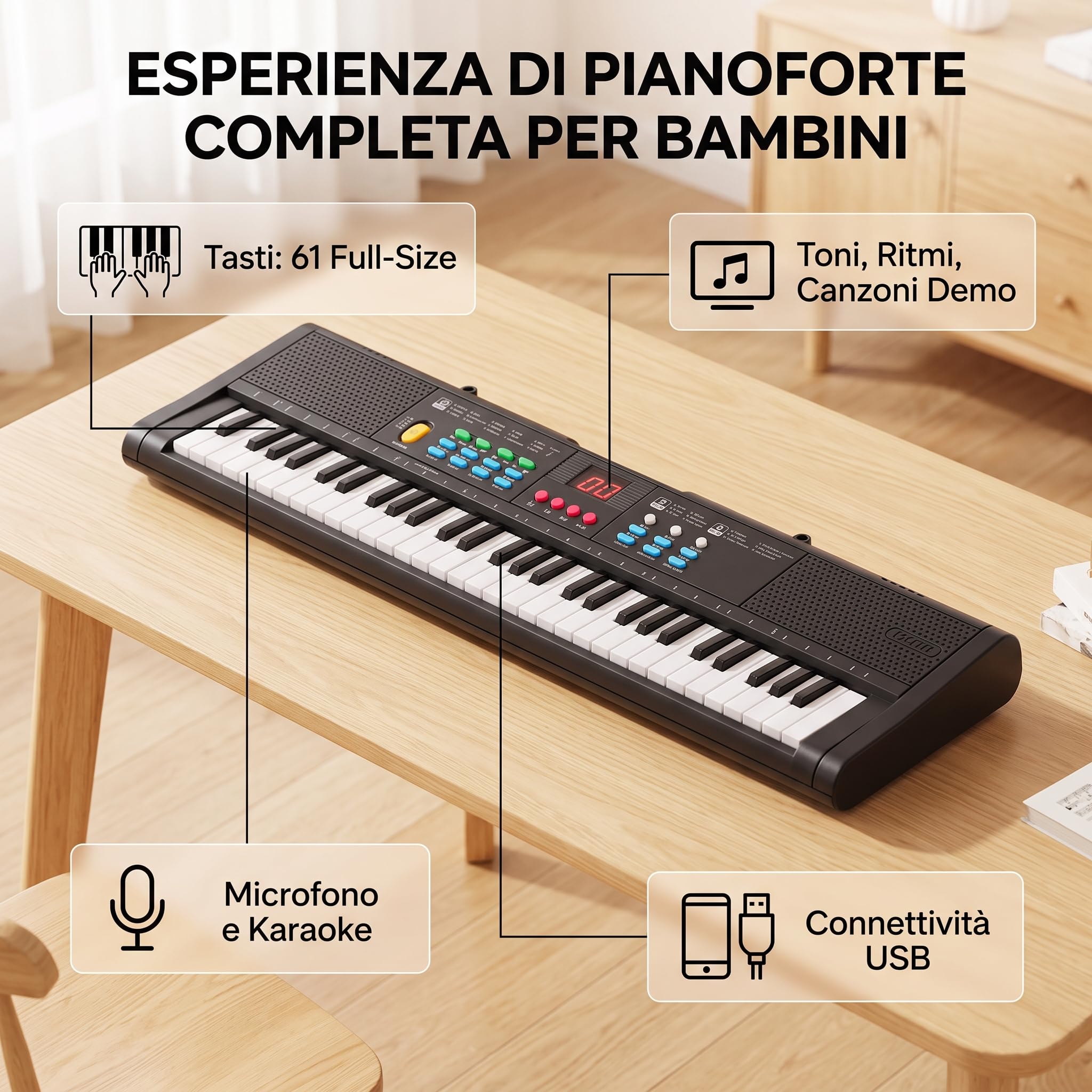 Tastiera Pianoforte Digitale, 61 tasti per accordi realistici, connessione USB per karaoke, 16 timbri e 6 ritmi per insegnamento, adatta bambini 3 8 anni per principianti