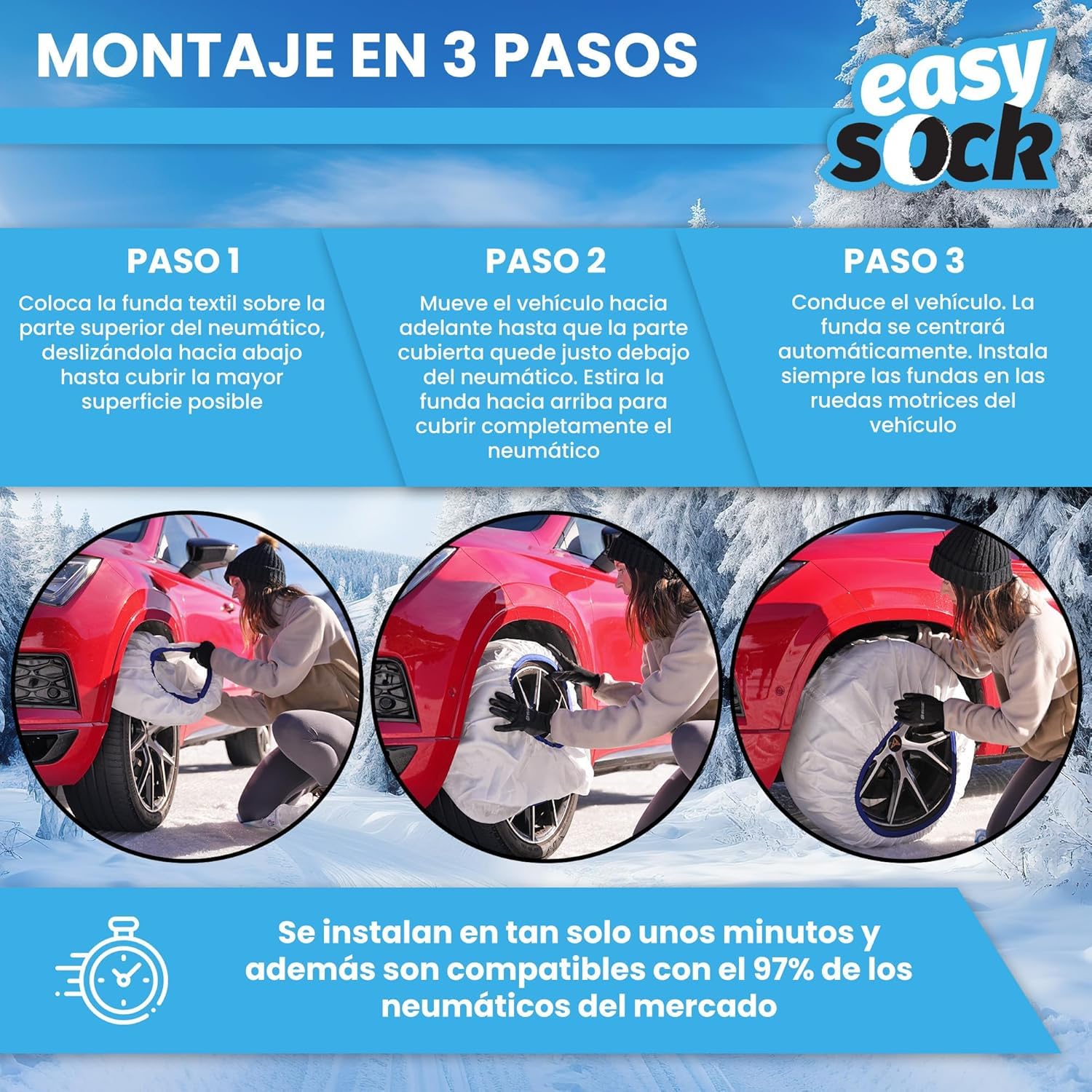 Cadenas Coche Nieve Easy Sock Homologación EN 16662-1 y alta seguridad. Talla XL. Cadenas Nieve Téxtiles Fáciles de Instalar - Cadenas Nieve Coche Antideslizantes y Resistentes - Kit de 2 Cadenas