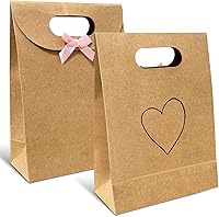 HIIHAA 2-Pack 9x7x3 Handcrafted Kraft Gift Bags - Durable 250g Recyclable, Reusable with Vintage Heart Bow for Baby Showers, Birthdays & Holidays