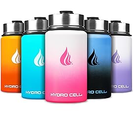 HYDRO CELL Stainless Steel Insulated Water Bottle with Straw - For Cold & Hot Drinks - Metal Vacuum Flask with Screw Cap and Modern Leakproof Sport Thermos for Adults (White/Pink 14oz)