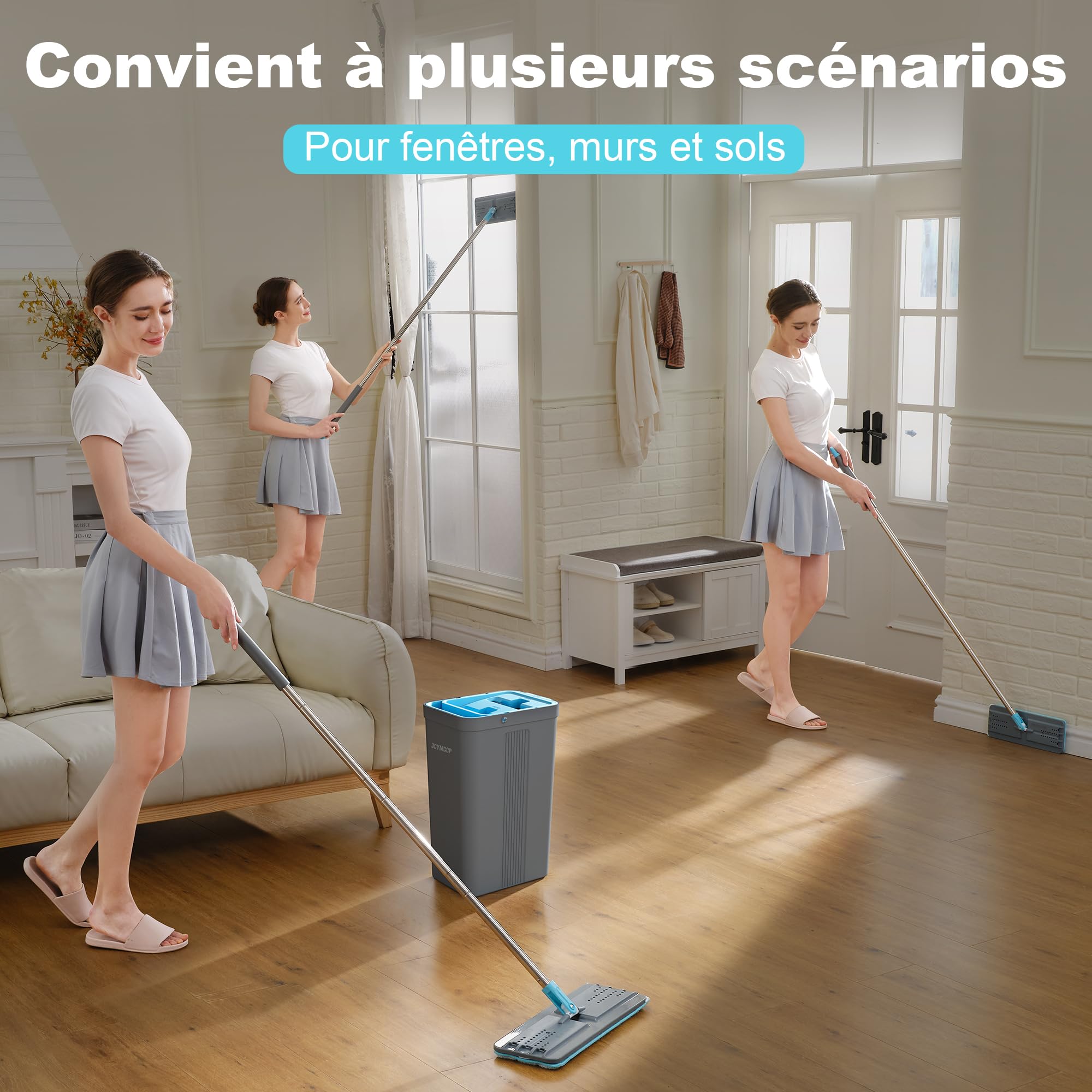 JOYMOOP Ensemble serpillère et Seau avec essoreuse, serpillères pour Nettoyage du Sol, Nettoyeur Mural avec Long Manche, avec 6 serpillères réutilisables en Microfibre – Gris + Bleu Cyan