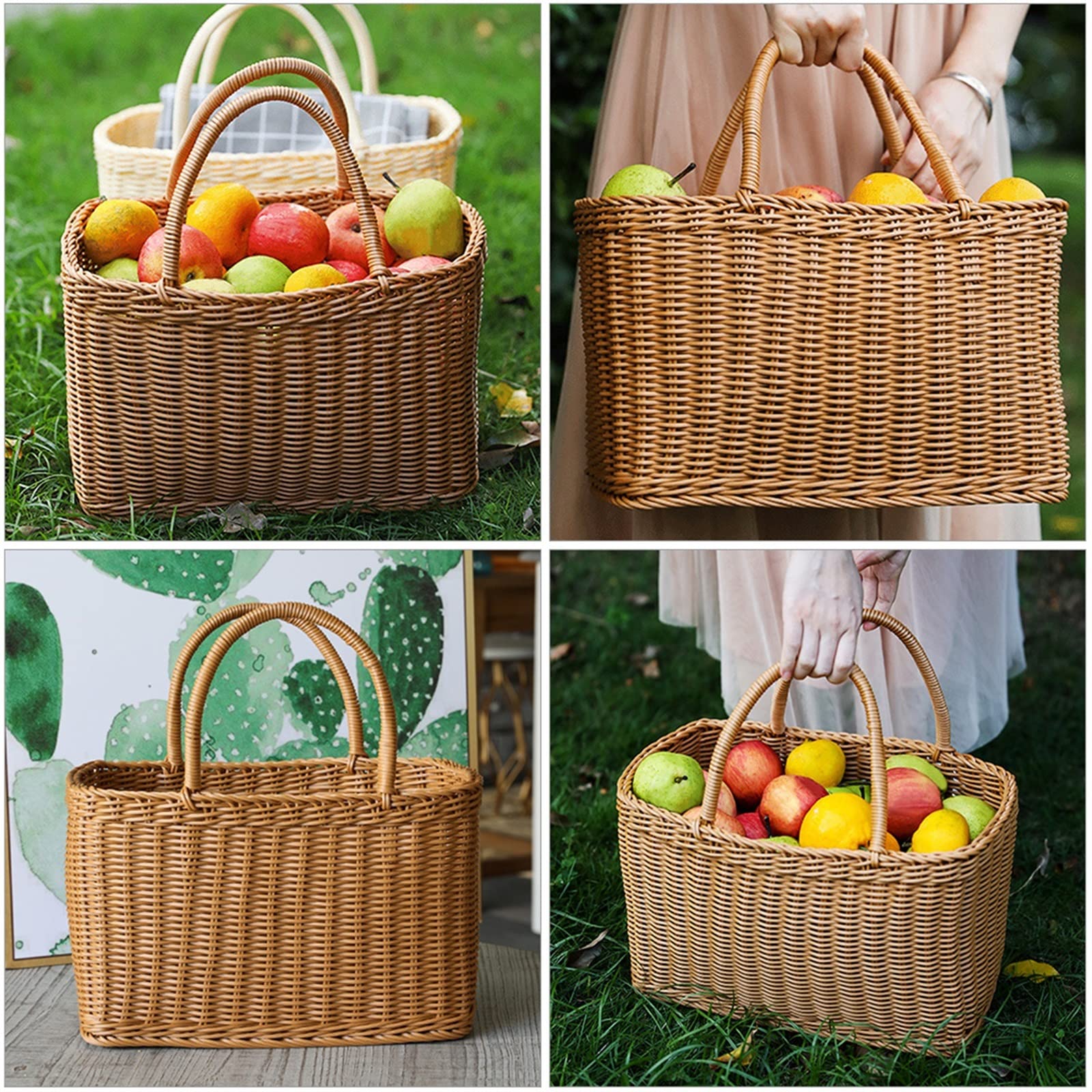 Paniers De Pique-Nique Paniers De Rangement Sac De Pique-Nique en Rotin Fleur Plage avec Poignée Paille Marché Fruits Fourre-Tout pour Les Achats À La Main，