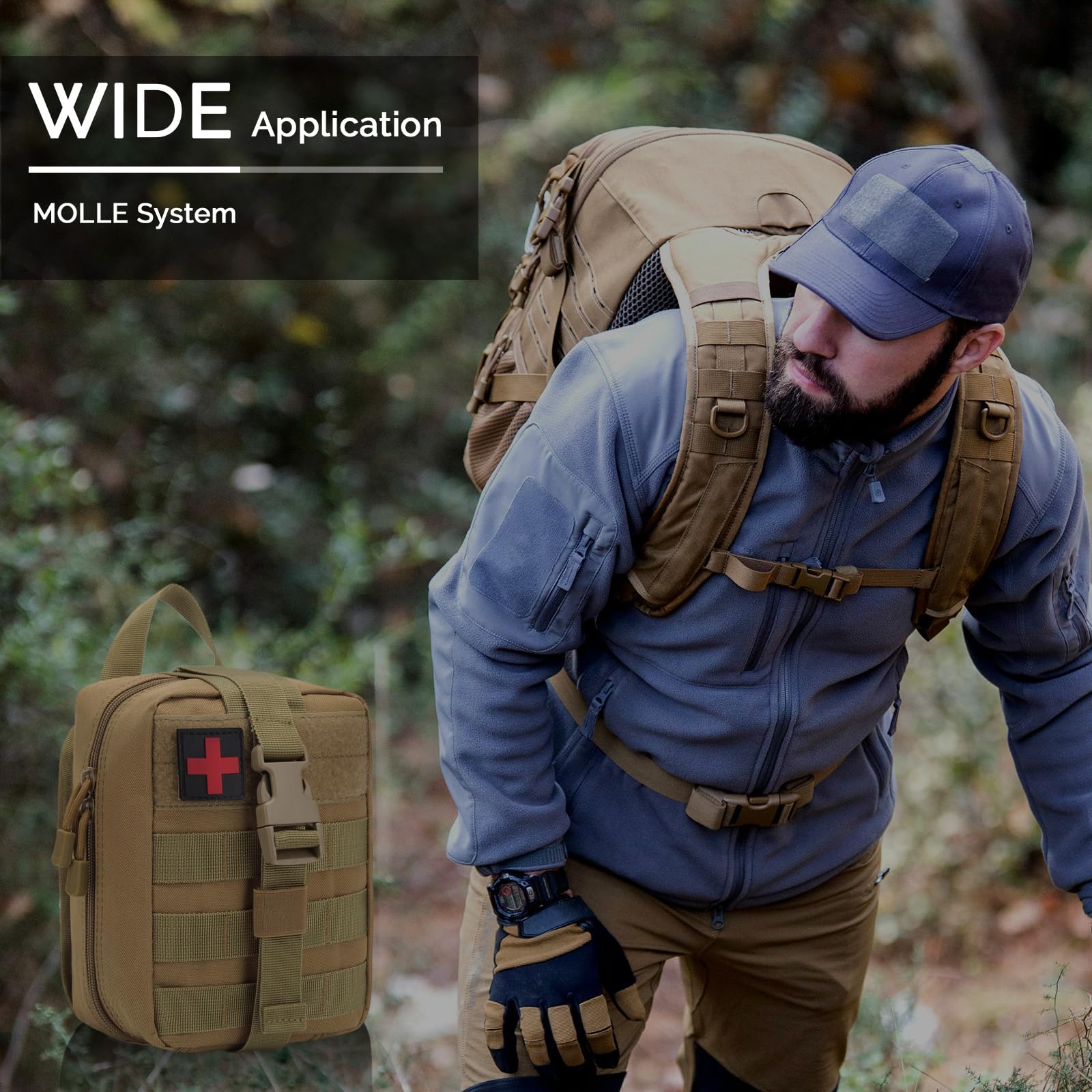 IFAK - Kit de primeros auxilios para trauma, bolsas Molle, kit de supervivencia de emergencia para coche táctico militar, viajes, senderismo, camping, con sello de pecho ventilado, vendaje israelí