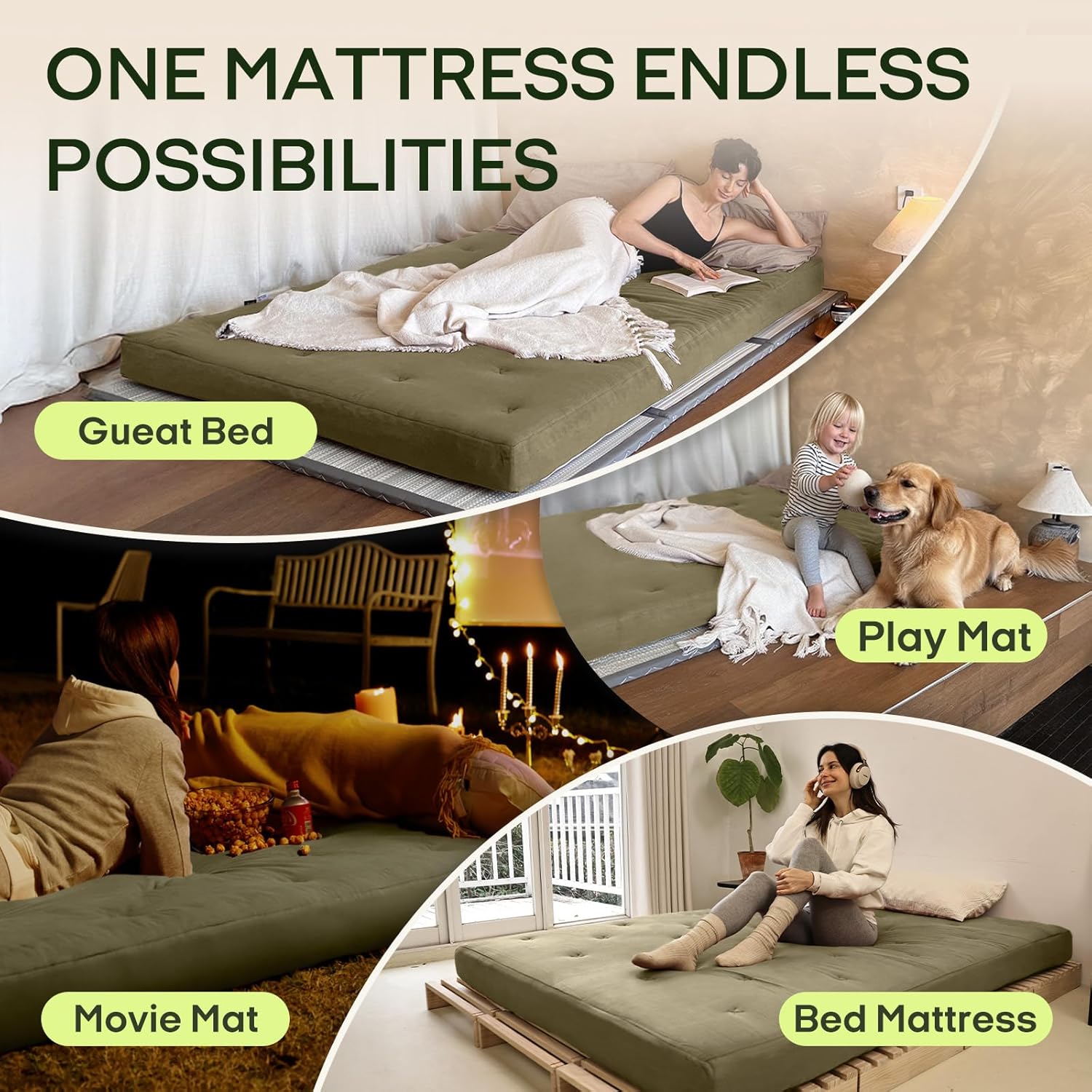 ZonLi Japanese Floor Futon Mattress Full Size 54"x75"100% Cotton Cover 6''Thicken Tatami Mattress,Foldable Sleeping Pad,Portable Dormitory Tatami Mat,Roll Up Floor Lounger Bed for Adult (Winter Moss)