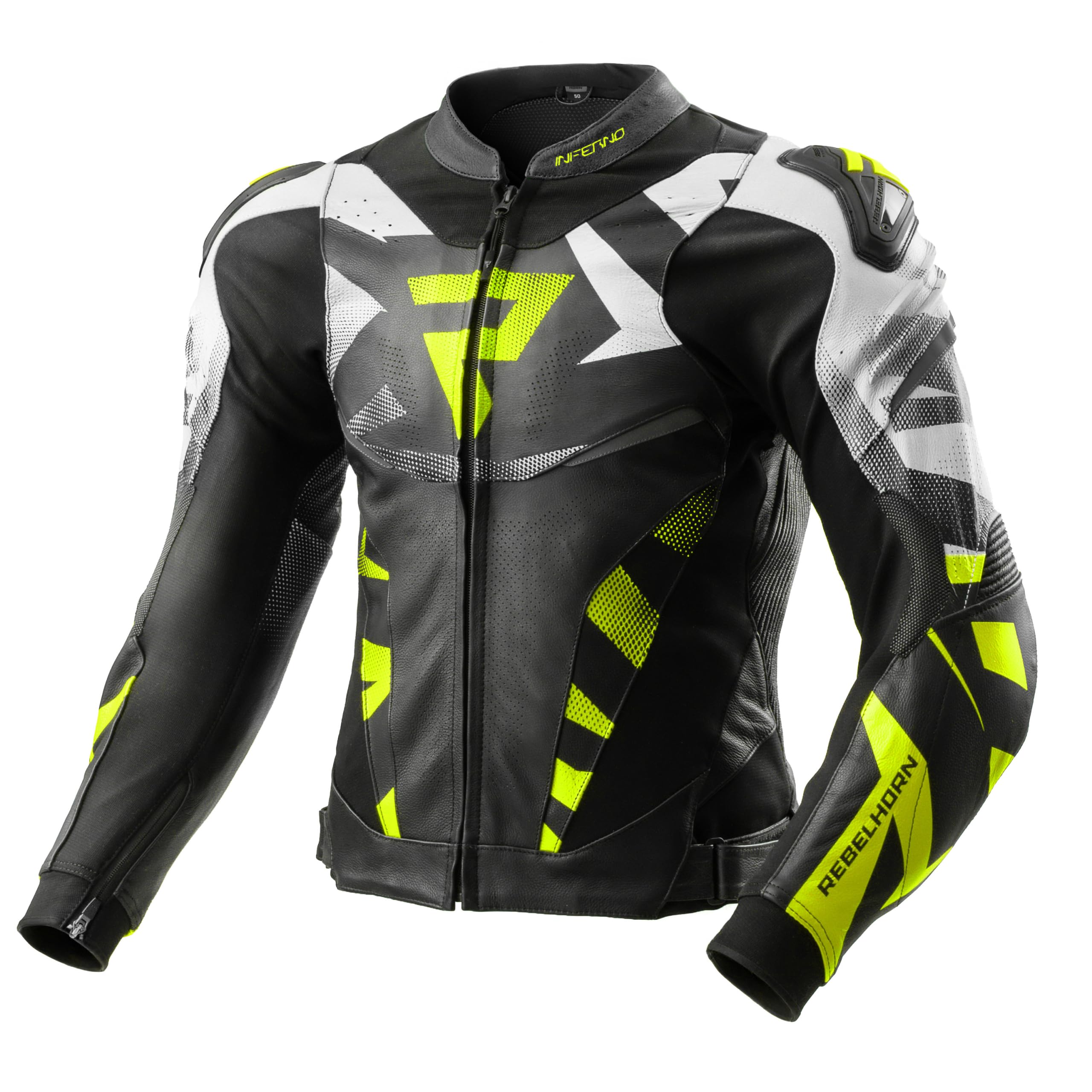 REBELHORN Inferno Motorradjacke Herren | Leder | Ellbogen, Schulter und Rückenprotektor RE ZRO Stufe 2 | Schulterschleifer | In&Out Winddicht Weste | Belüftungspaneele | Größen bis 62