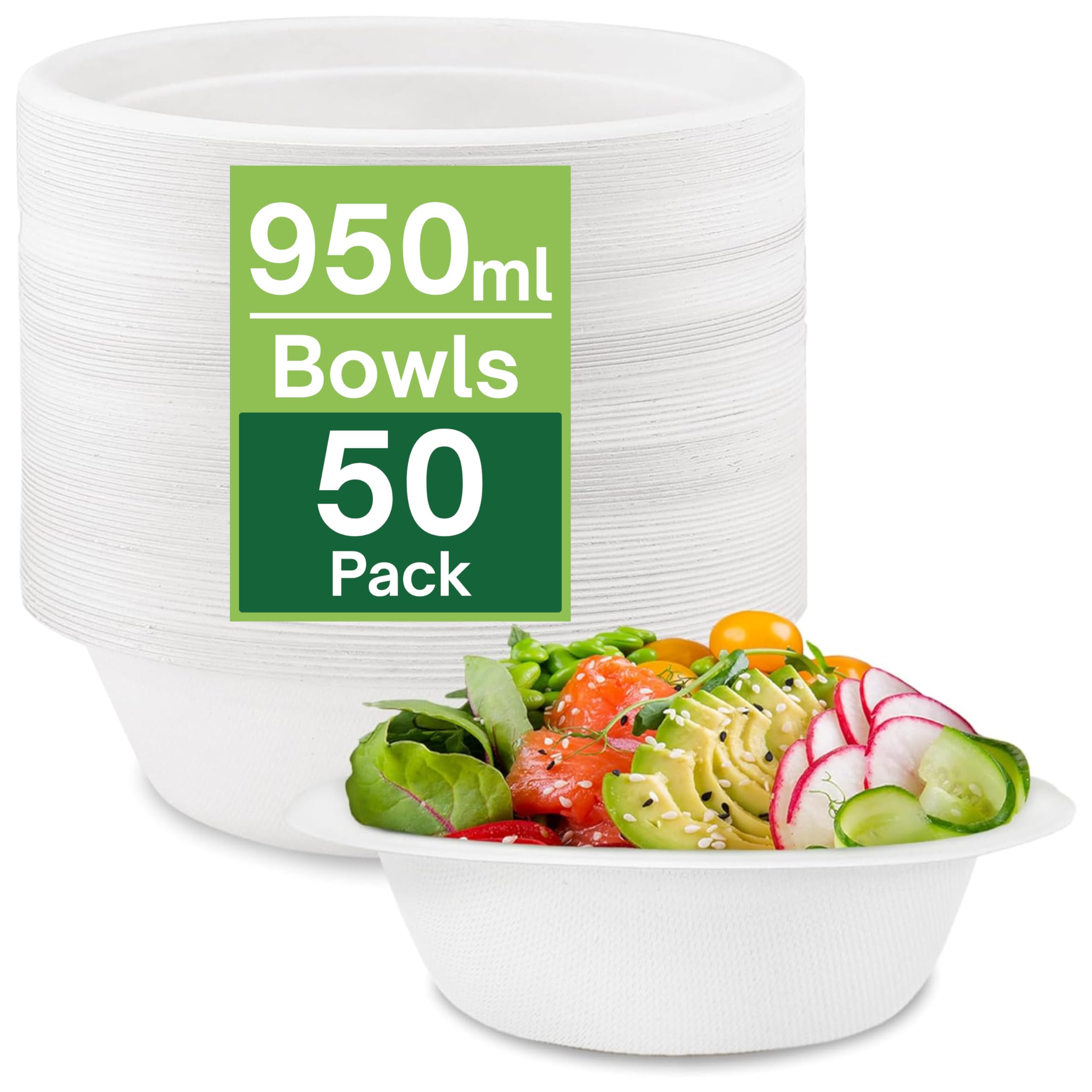 50 Pack Strong Paper Bowls, 950ml Extra Large Disposable Compostable Bagasse Bowl for Party