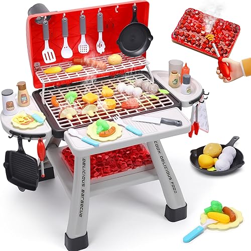 CUTE STONE Juego de parrilla para niños, juego de cocina con humo realista, sonido, luz, juguete de barbacoa para niños, juego de cocina para niños
