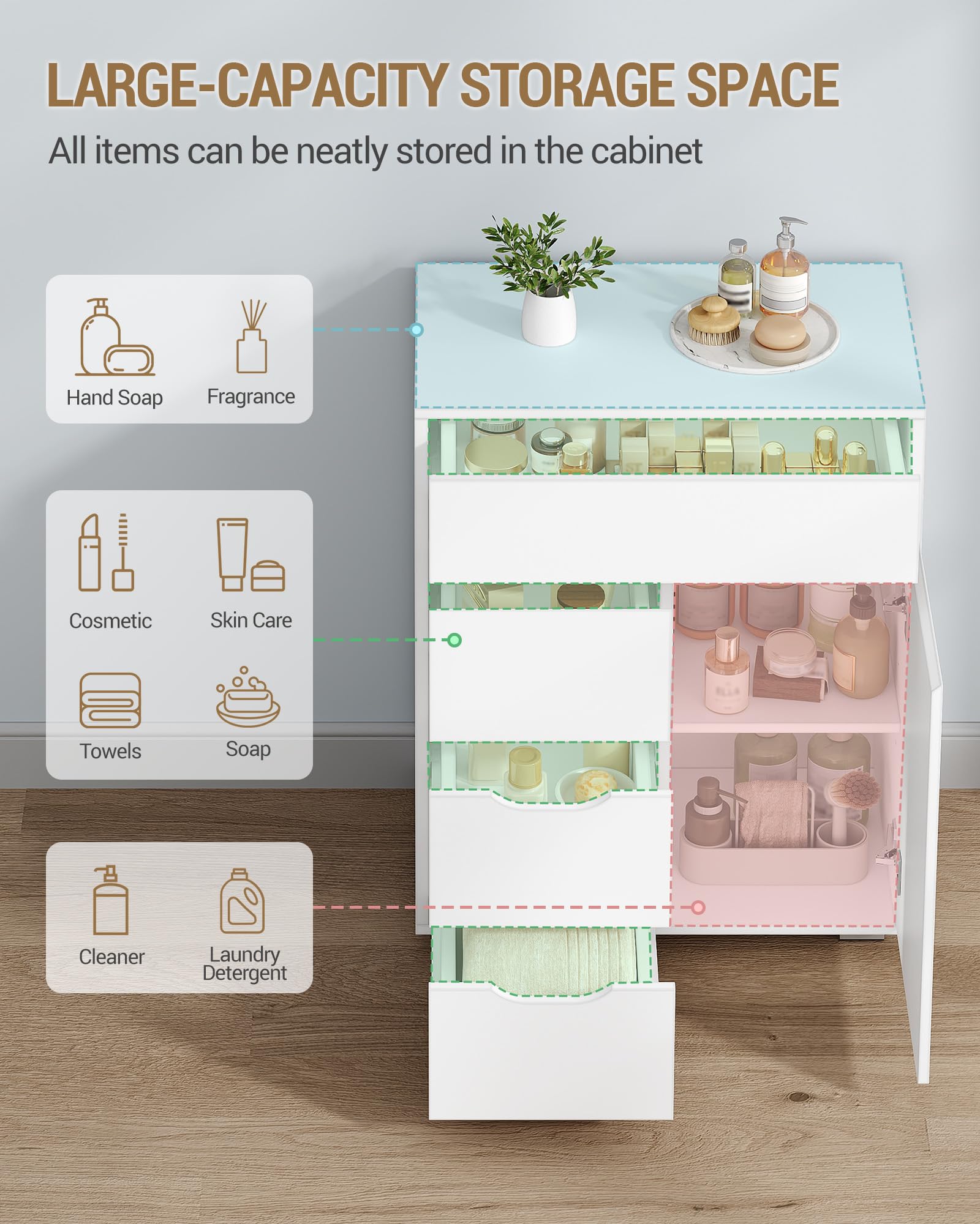 Hzuaneri Mobile Bagno, 4 Cassetti e 1 Anta, Ripiani Regolabili, Grande Capacità di Stoccaggio, Moderno, per Soggiorno o Bagno, Dimensioni, 30 x 55 x 82 cm, Bianco SC05503X