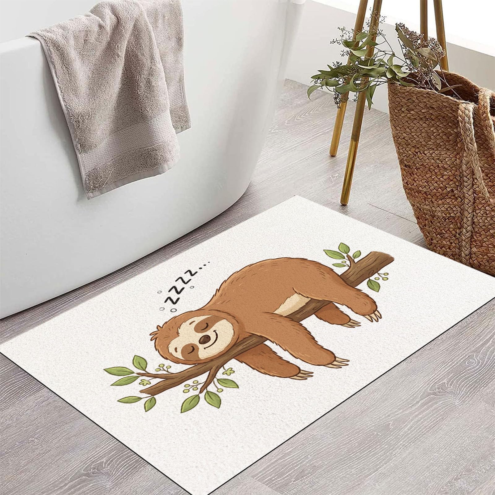 90X150Cm Zerbino Ingresso Interno Antiscivolo Assorbente, Tappeto Microfibra Sottile Lavabile Con Locandine Di Animali Cartone Animato Bradipo Dormiente Rami Per Cucina Bagno Porta Animali, Beige