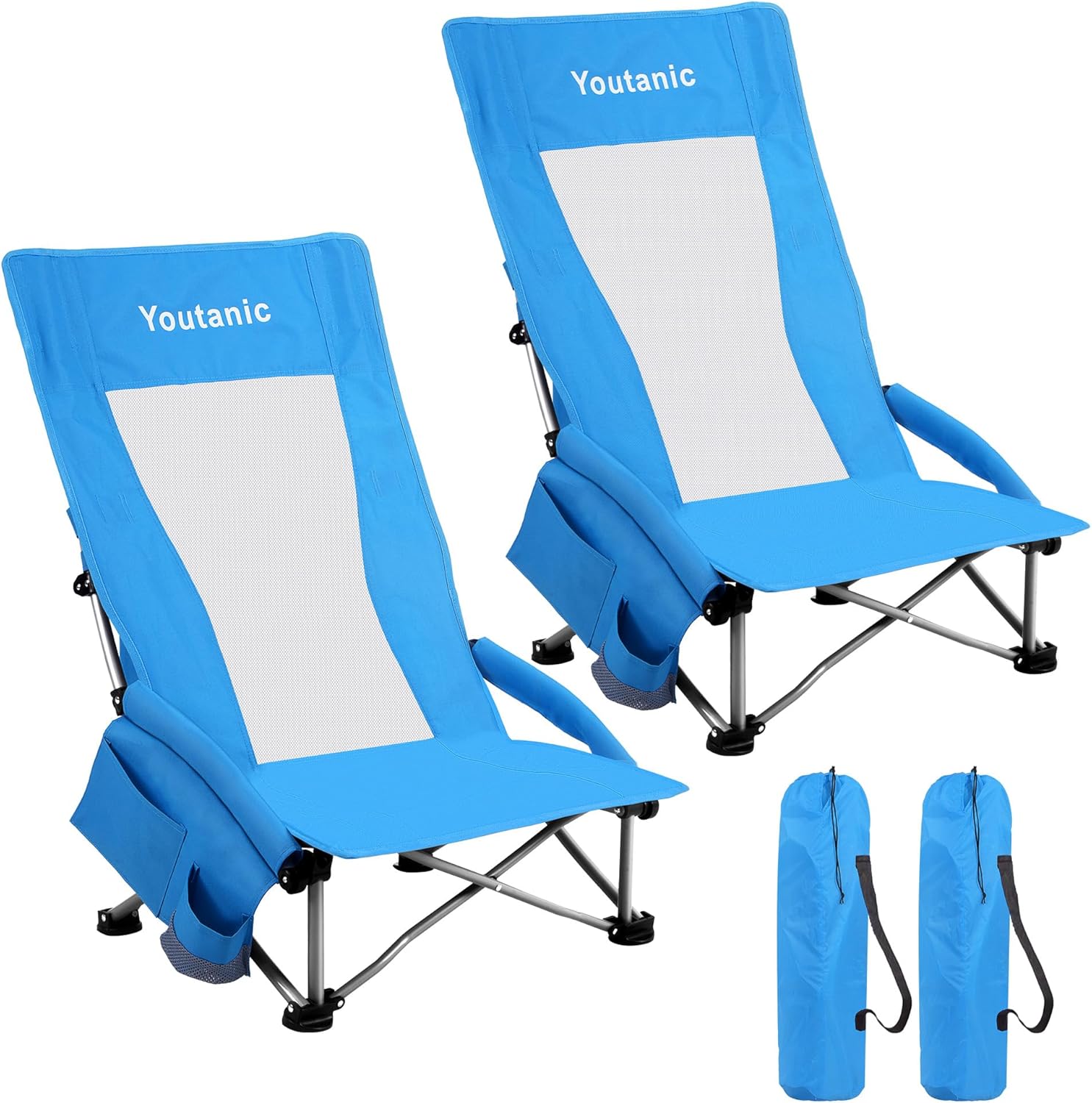 Youtanic High Back Beach Camping Chair 2 Pack, Extra Wide Folding Outdoor Chair with Cooler Bag, Breathable Mesh & Dual-Use Pillow, Portable Lounge Seat for Adults, Sand, Sports, Picnic, Blue