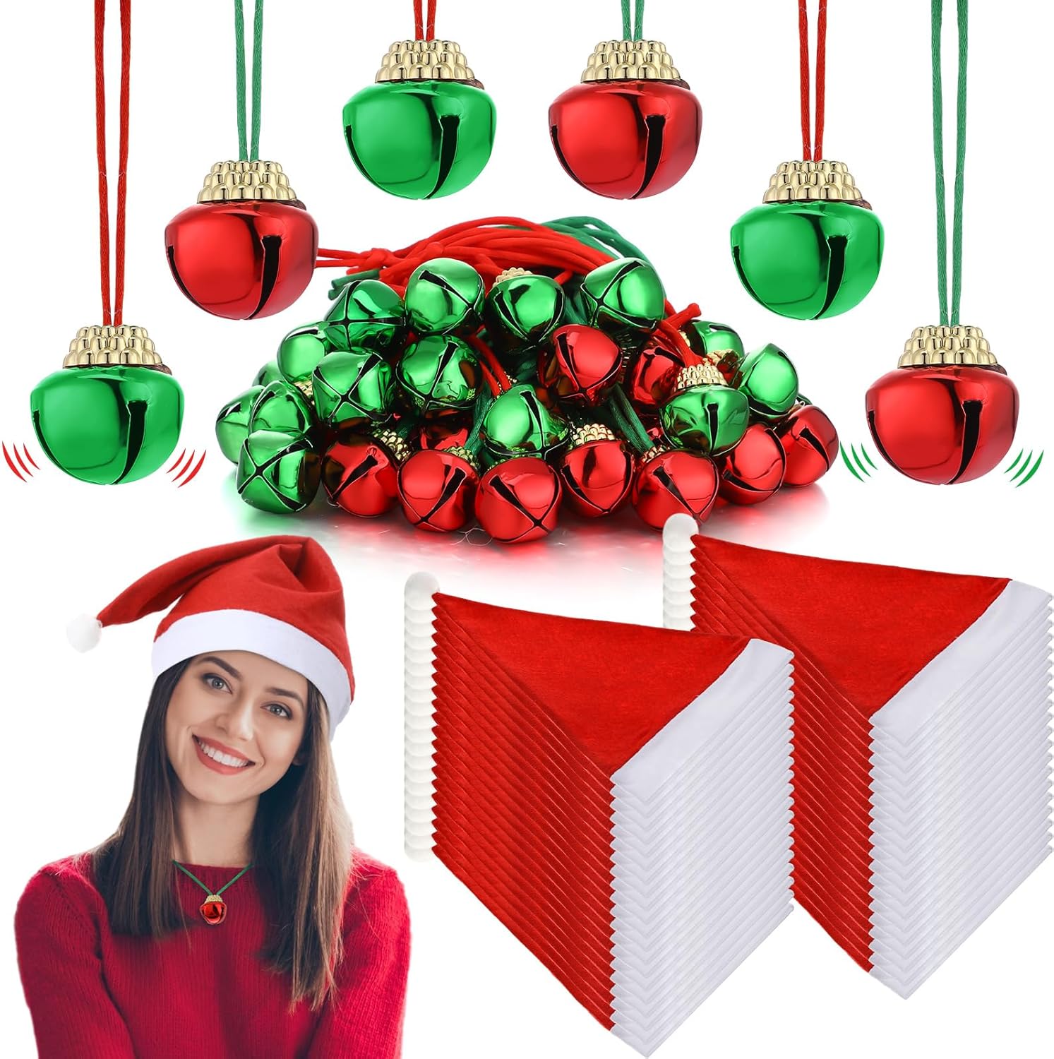 Seajan Christmas Santa Hats Bulk for Adult with Bell Necklaces, 11.8 x 15.7 x 0.39 Inch Santa Hat Unisex Xmas Party Supplies