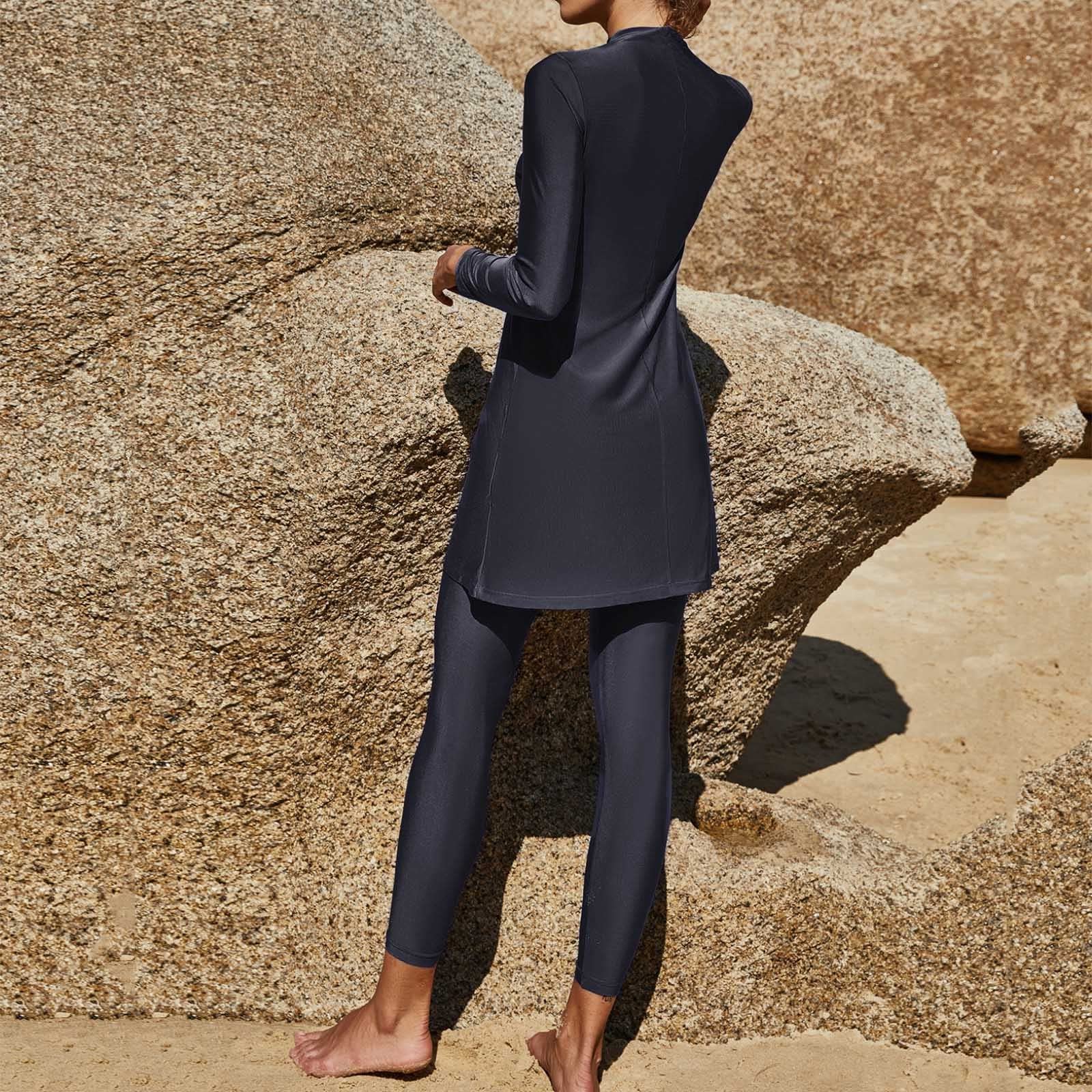 Traje de baño musulmán Burkini Verano Mujer Conjunto Dos Piezas Manga Larga Playa Pliegues cubriente islámico Ropa