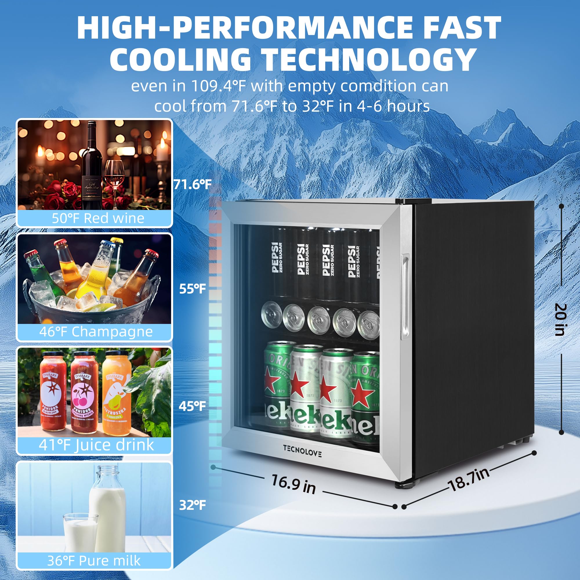 Tecnolove Beverage Refrigerator, 1.6 Cu.Ft Mini Fridge, Stainless Steel, LED Digital Temp Control, Double Glass Door, Adjustable & Removable Shelves, Compact Design For Home & Office on Fridge.com - View 4