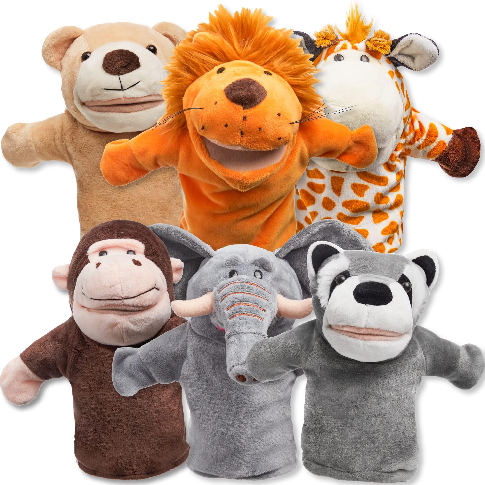 JOYIN 6Pcs Kids Hand Puppet Set with Working Mouth, Toddler Plush Toy Includes Elephant, Giraffe, Lion, Bear, Raccoon and Monkey for Show Theater, Easter Birthday Gifts for Kid