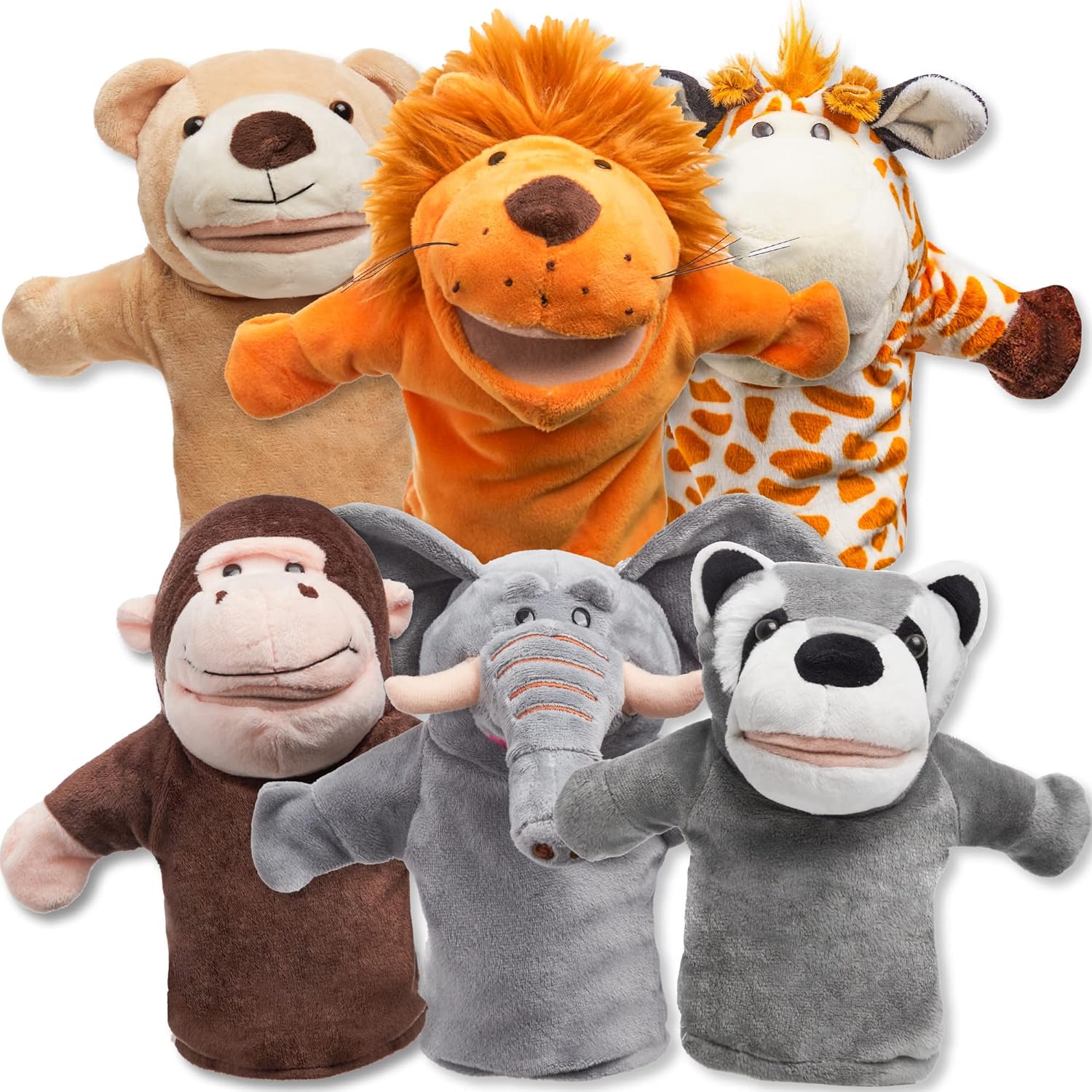 JOYIN 6Pcs Kids Hand Puppet Set with Working Mouth Toddler Plush Toy Includes Elephant Giraffe Lion Bear Raccoon