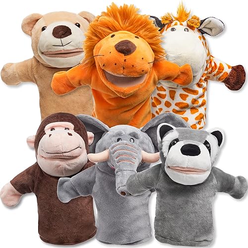 JOYIN 6Pcs Kids Hand Puppet Set with Working Mouth, Toddler Animal Plush Toy Includes Elephant, Giraffe, Lion, Bear, Raccoon and Monkey for Show Theater, Birthday Gifts, Easter Basket Stuffers - Animal Friends