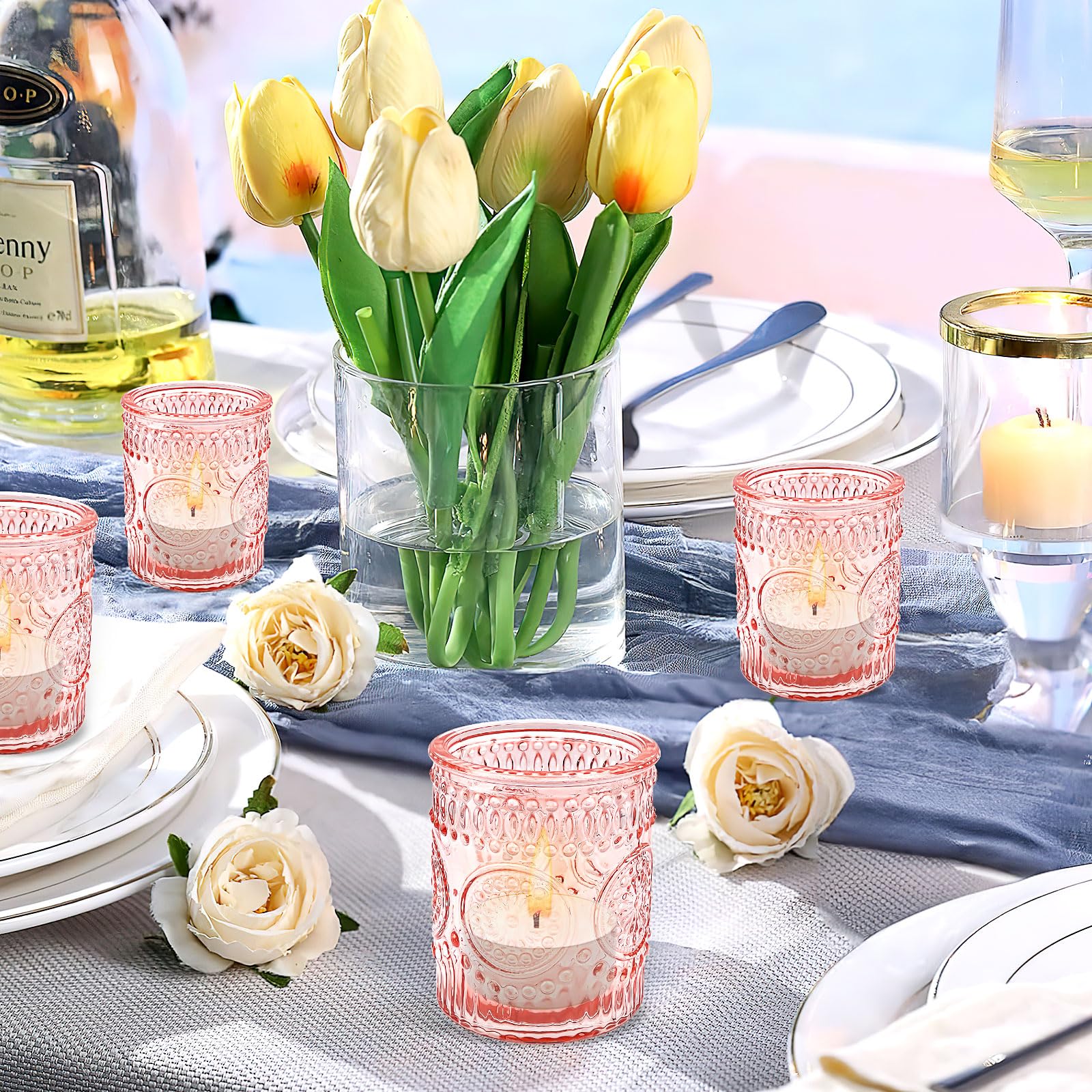 Lot de 24 Rose Photophores en Verre – Bougeoirs Vintage pour Bougies Chauffe-Plat, Déco de Table pour Mariage, Anniversaire, Maison, Fête et Centre de Table (Pilier)