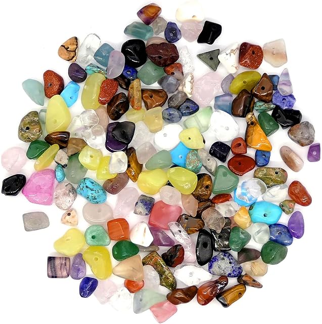 Semi-Precious Gemstone Bead Chip Mix, 50g Pack (170 Chips Approx) Drilled Centre Hole for Bead Stringing, Jewellery, Earring, Ring Making Kits (Mix - 50g)