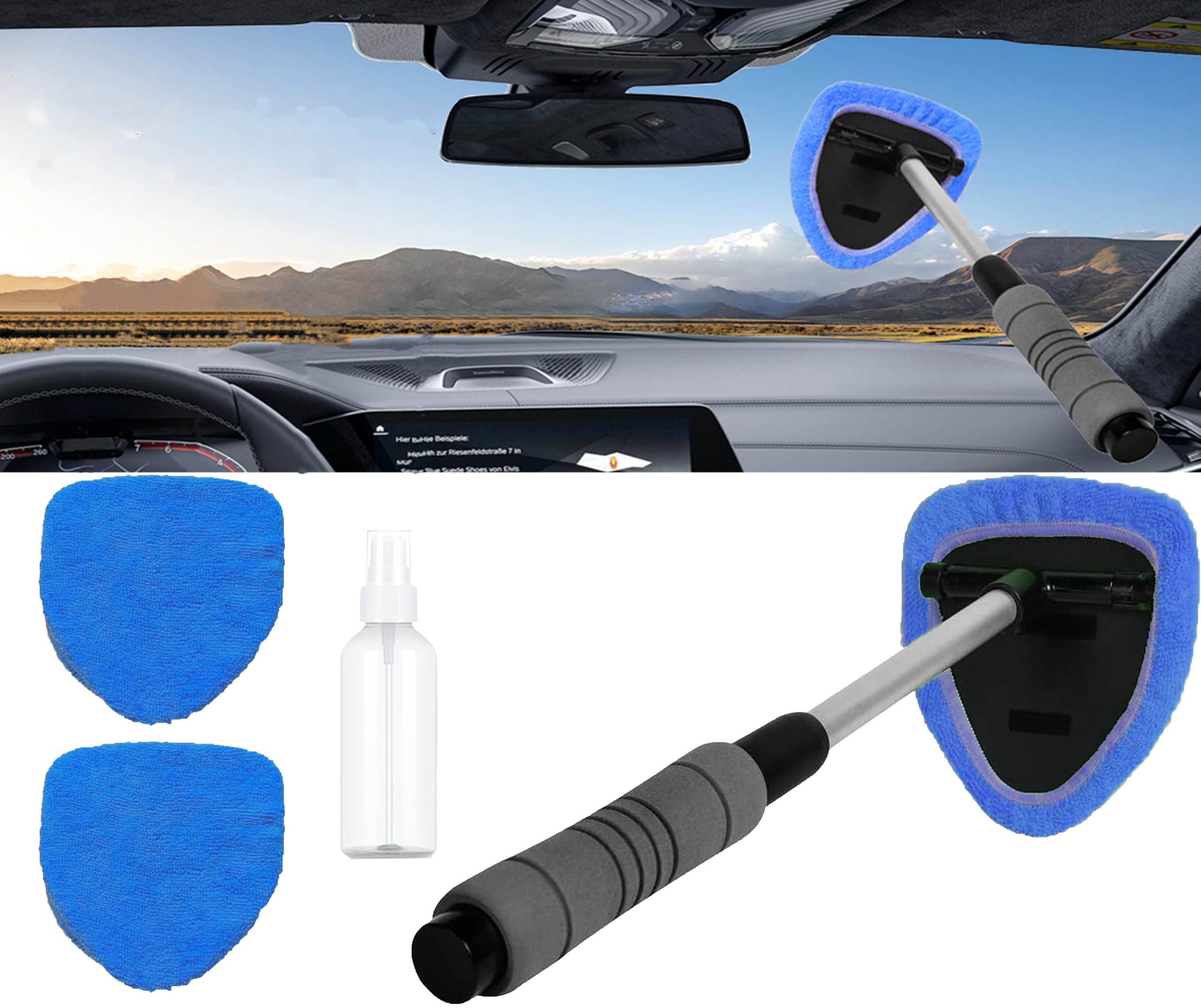 Herramienta de limpieza de parabrisas de coche, herramienta de limpieza de parabrisas de coche con almohadillas de microfibra reutilizables, kit de limpiaparabrisas de vidrio con mango extensible,