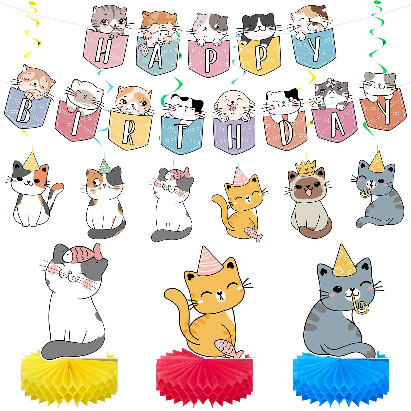 Chinco 16 Pcs Cat Theme Birthday Party Decorations Party Supplies Kit, Includes Cat Party Banner with 6 Hanging Cutouts 6 Hanging Swirl Decor and 3