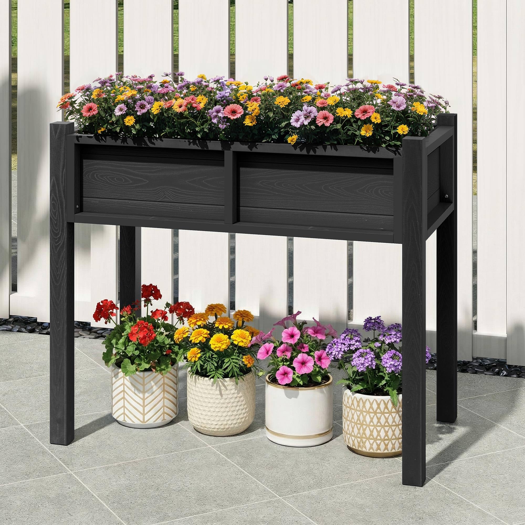 DWVO Outdoor Planter Box, Raised Garden Bed with Drainage System, Weatherproof Small Single-Layer Flower Box for Patio, Balcony, Garden or Indoor, Black