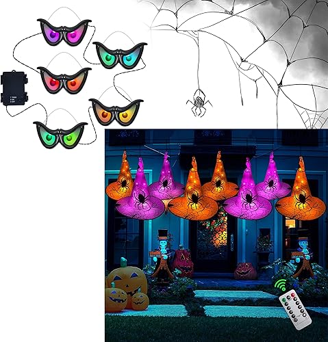 WATERGLIDE Luces de ojos intermitentes de Halloween y sombreros de bruja colgantes iluminados para Halloween