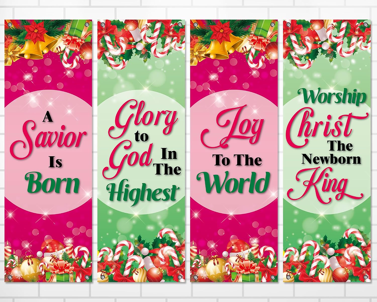 4Pcs Christmas Church Banners for Sanctuary Wall Inspirational Religious Hanging Signs Backdrop Xmas Candy Cane Christian Scripture Bible Verse Exquisite Banner for Holiday Sunday School Wall Decor