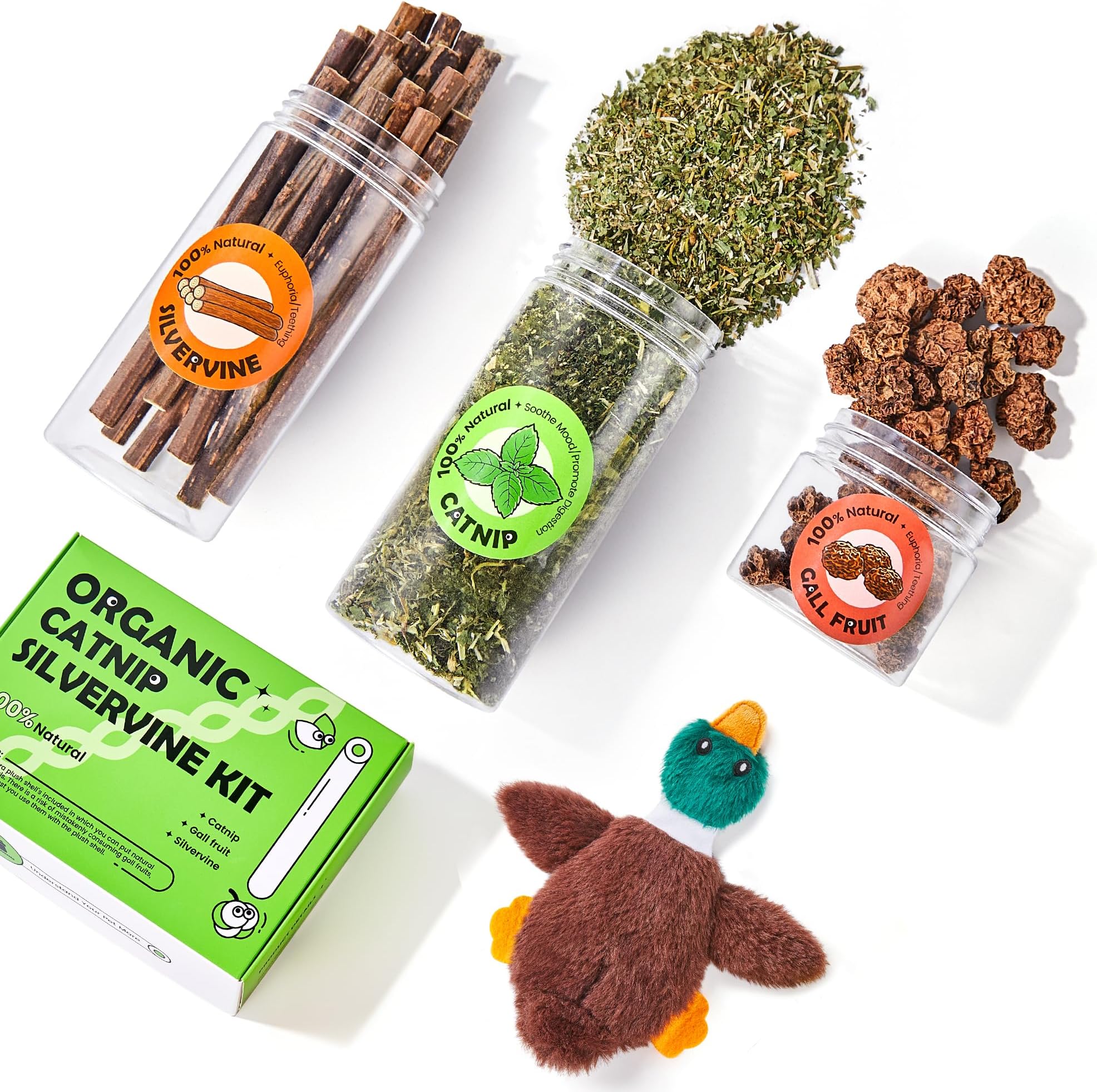 Potaroma Natural Catnip Silvervine Gall Fruit Cat Toys Set with Plush Shell, Organic Kitten Toys for Relaxing and Teething, Interactive Cat Kicker Toys (2.2" Dia Tubes)