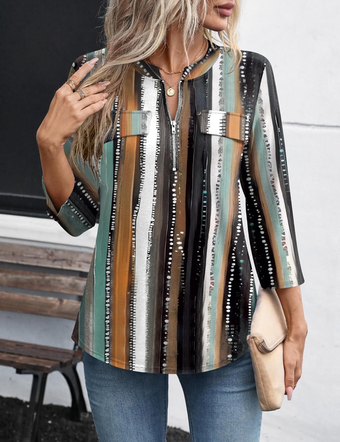 LOMON 3/4 Length Sleeve Womens Tops Business Casual Zip Front V Neck Shirt Loose Fit Work Tunic Blouse - Image 3