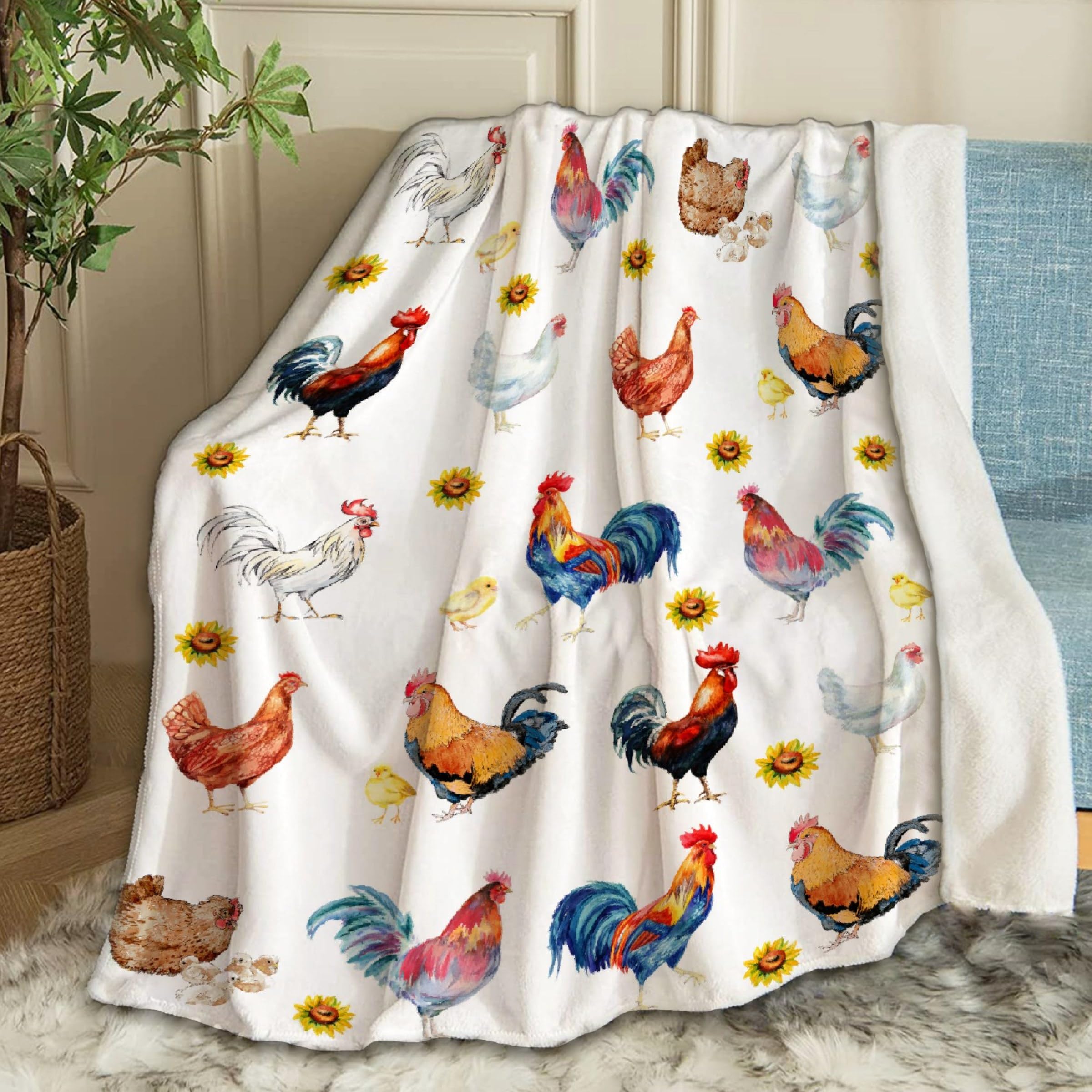 Ottoy Sunflower Rooster Chickens Blanket Gifts Plush Fuzzy Cozy Soft Lightweight Blankets for Couch Air-Conditioning Quilts Decor Blanket for Chirstmas Gifts 50