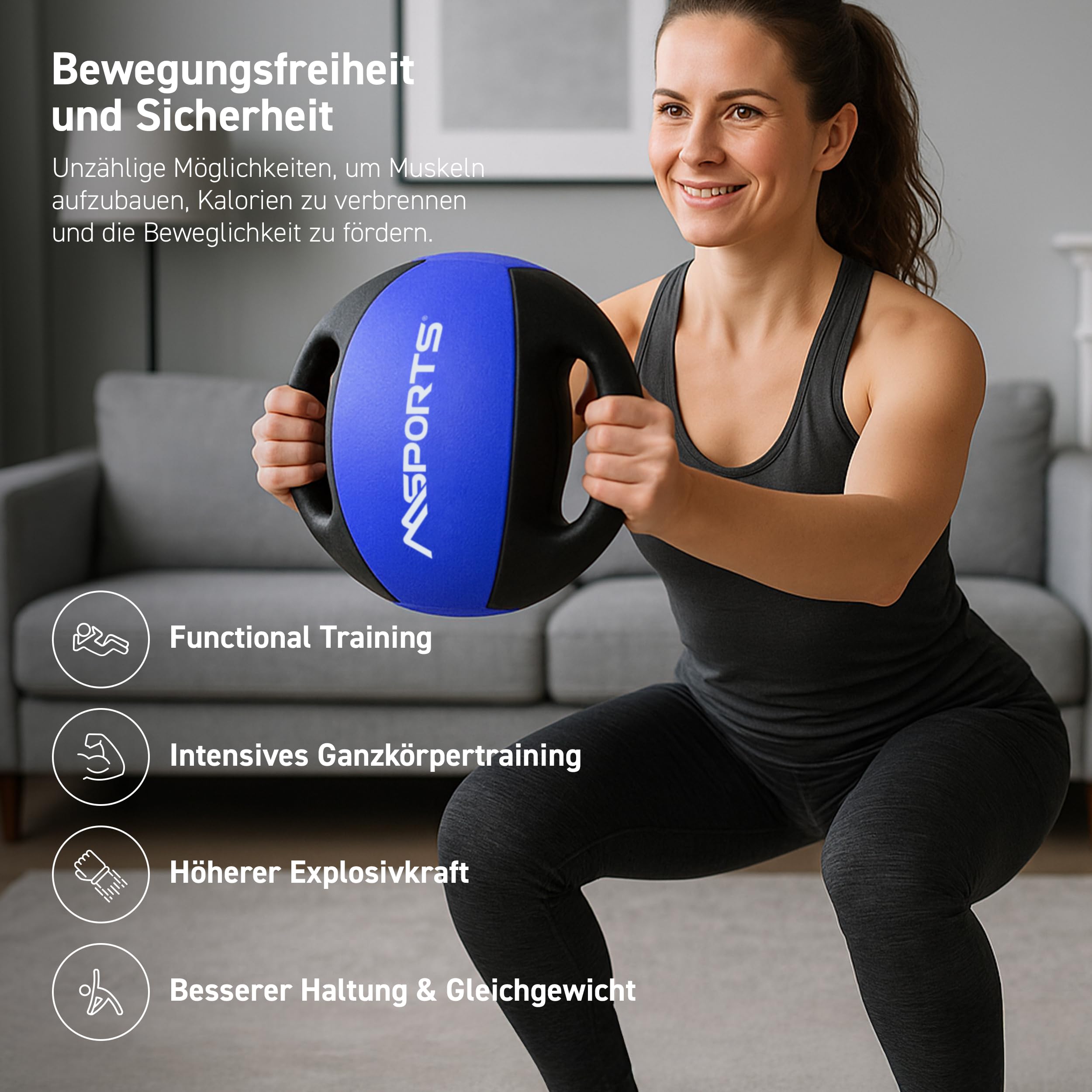 MSPORTS Piłka lekarska premium z uchwytami 1 – 10 kg – profesjonalna jakość do studia fitness piłki (8 kg – błękit królewski)