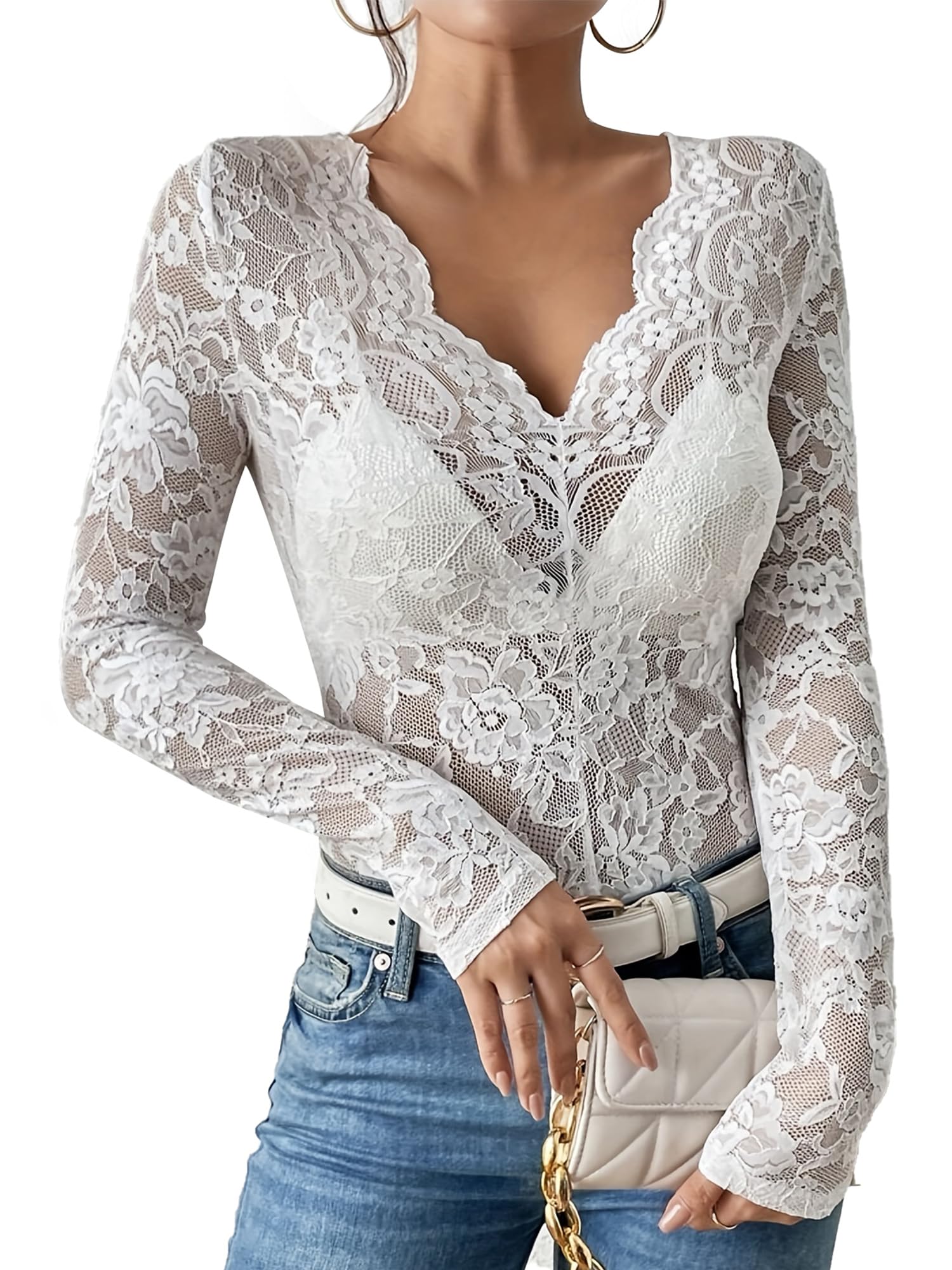 LEBOOBELL Sexy damestop met lange mouwen van kant, V-vormig, smalle en transparante jurk voor feestjes, clubs en avondevenementen met kant, Rood, XL