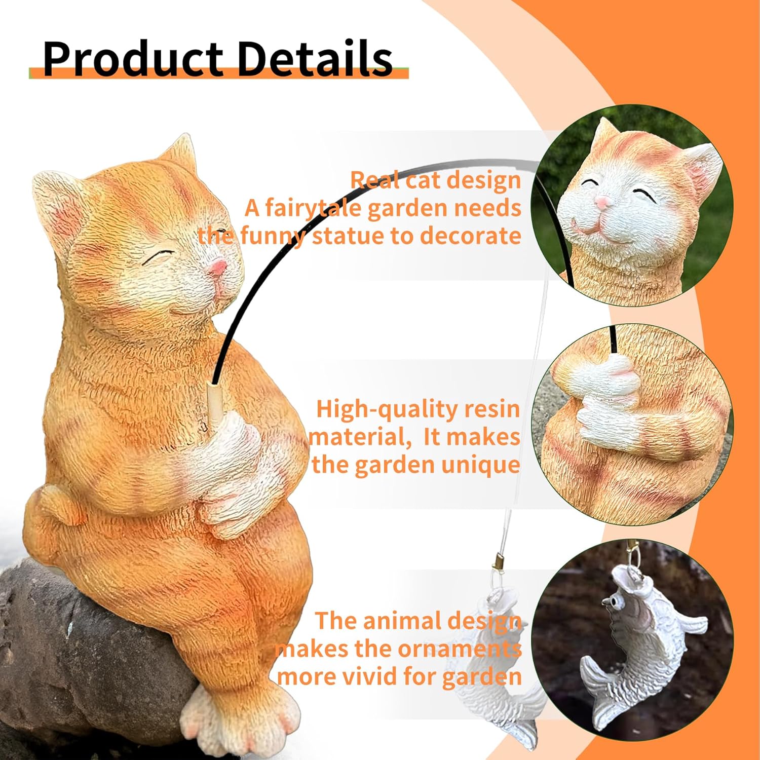Garden Funny Orange Cat Pond Statue - 11" Cat Fishing Poolside Decor, Animals Outdoor Statue