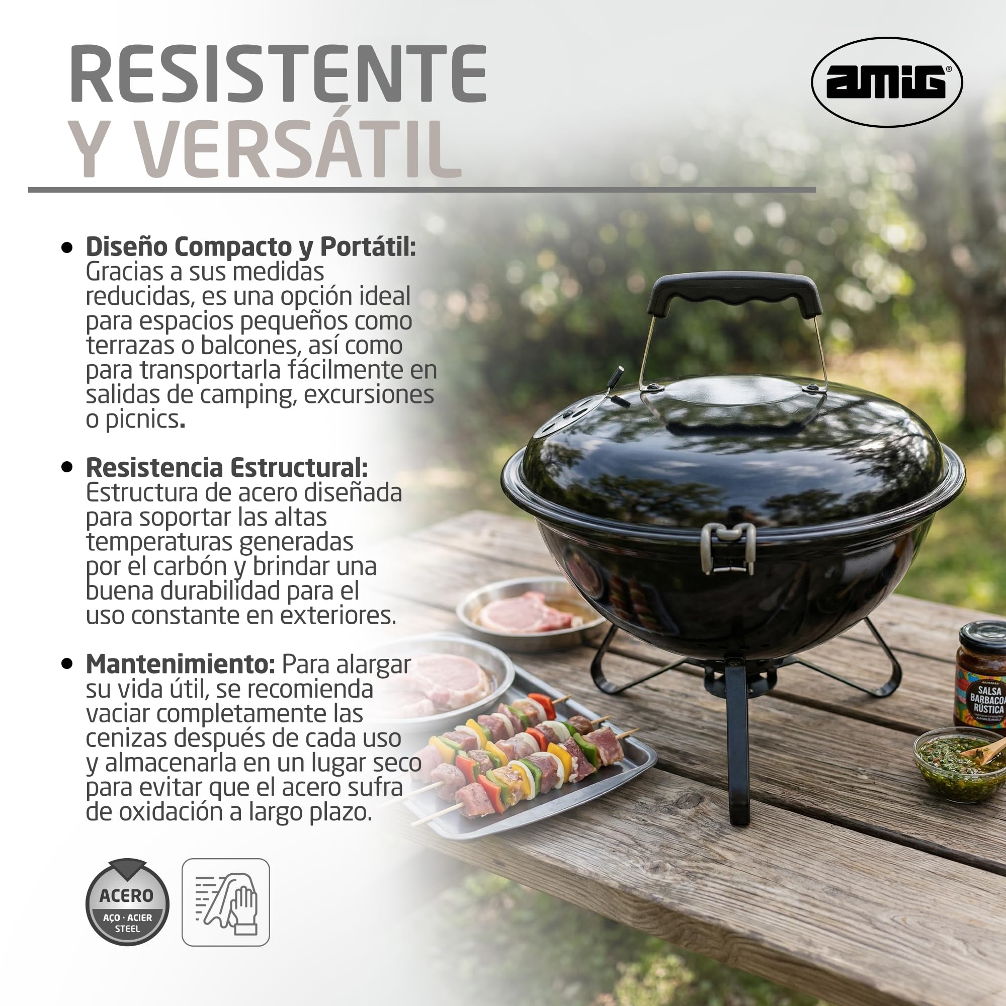 Amig - Barbacoa de carbón - 37 x 37 x 45 cm - Negro - Fabricado en Acero - Jardín y Patio. Mod. KRYPTA