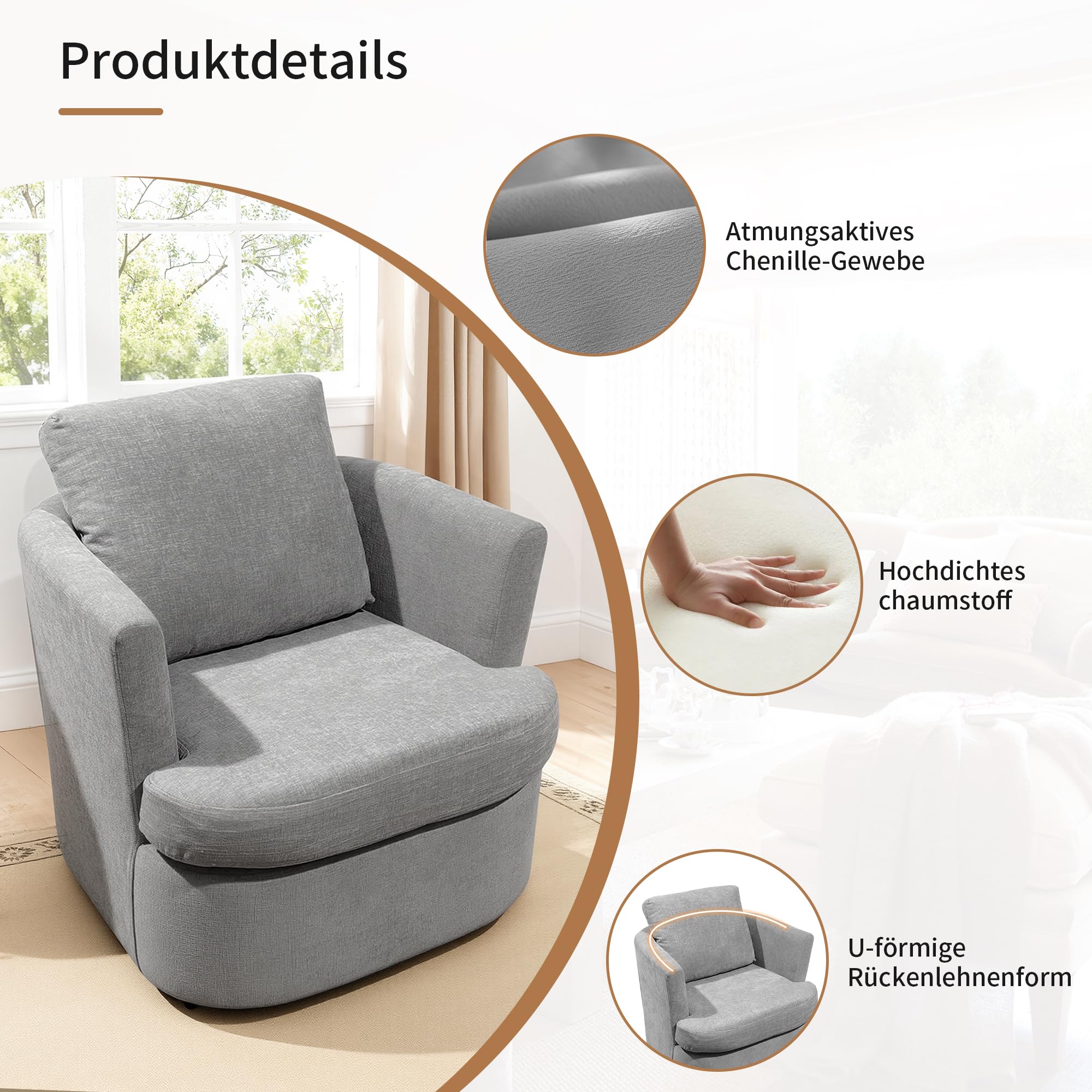 BonVache Drehsessel, Chenille Sessel, 360° schwenkbar, mit U-förmiger Rückenlehne und gepolsterter Sitzfläche, geeignet für Wohnzimmer, Schlafzimmer und Büro,Grau