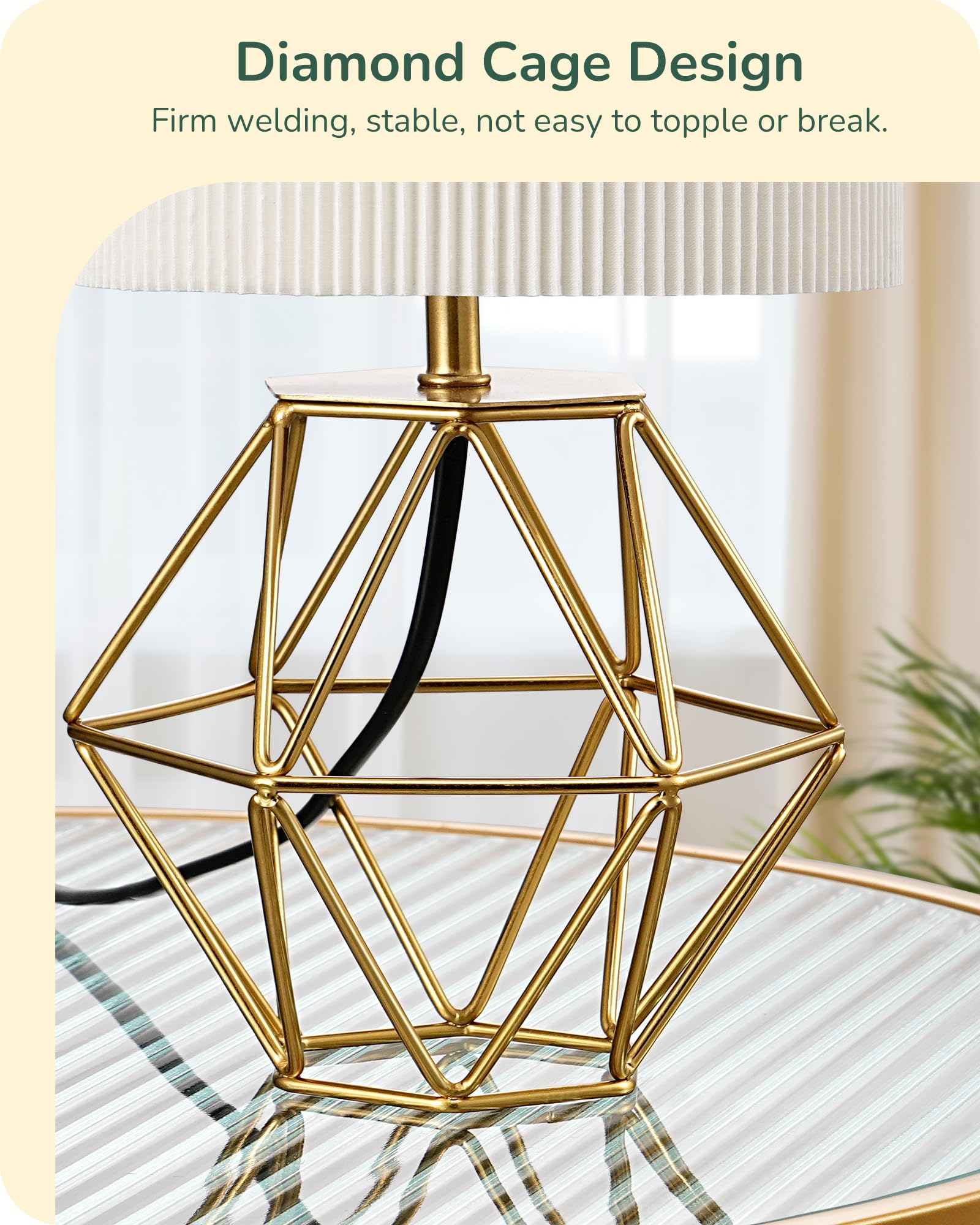EDISHINE Table Lamp, Antique Bronze Diamond Metal Cage Base & Cream Coloured Pleated Lampshade, E14 Socket - Image 3