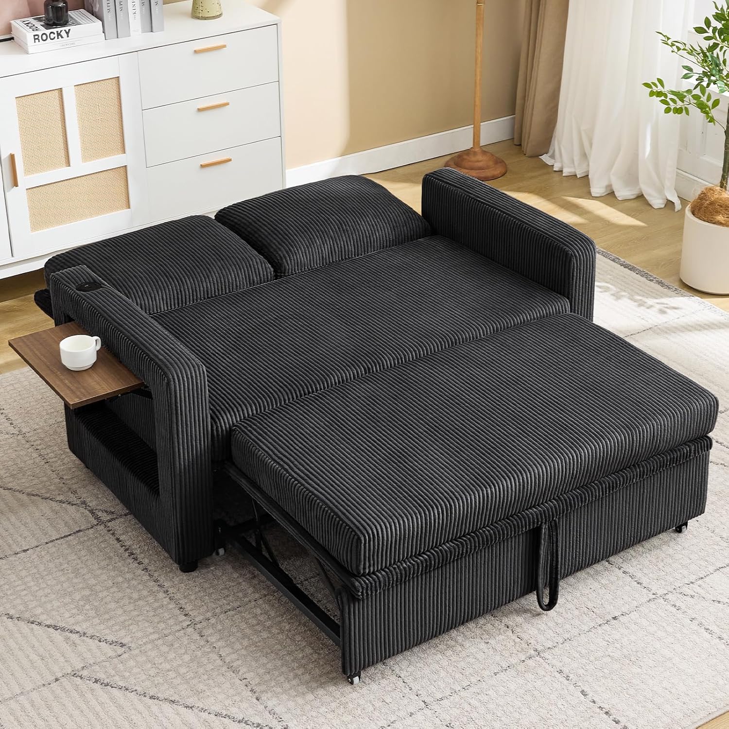 3-in-1 Convertible Sleeper Chair Bed, 52" Corduroy Loveseat Sofa with USB Port, Twin Size Folding Armchair with Wood Side Table & Pocket, Adjustable Backrest for Living Room, Small Spaces, Black