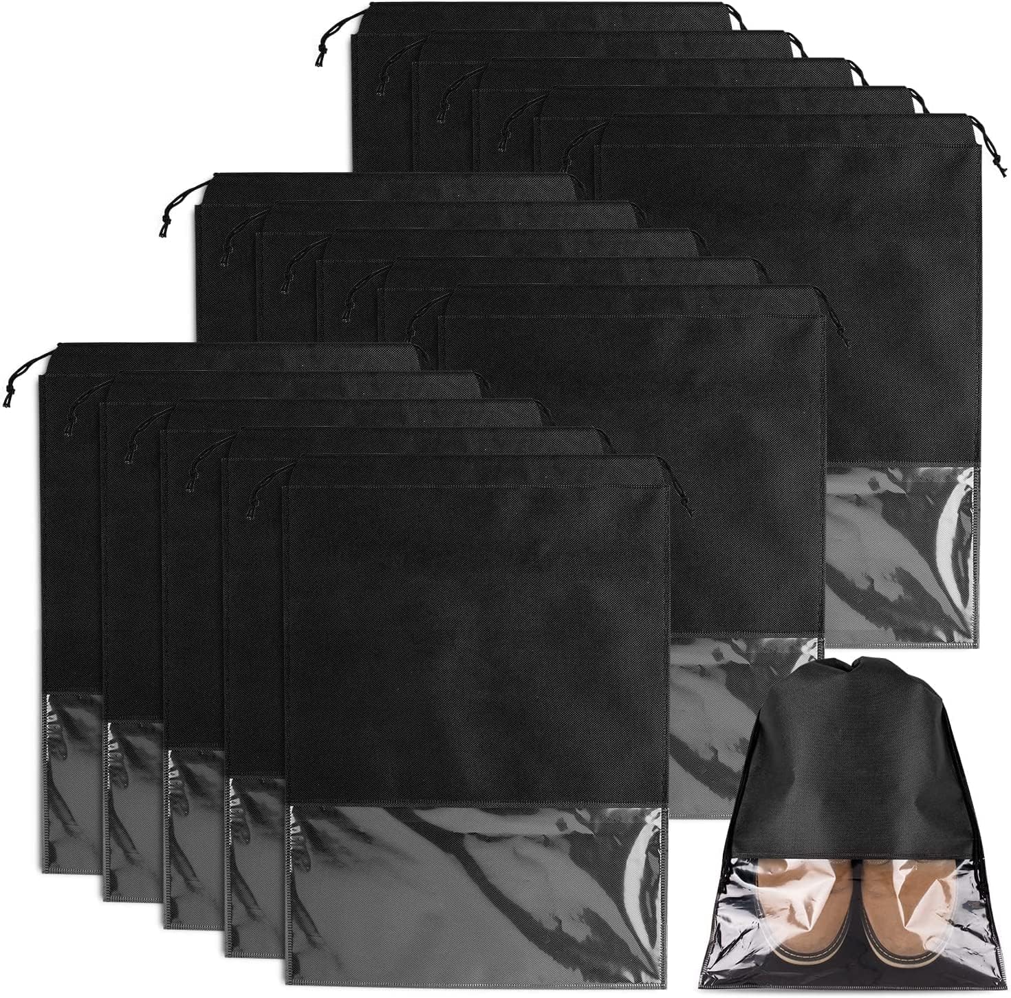 15 Pieces Travel Shoe Bag, Large Non-Woven Drawstring Shoes Storage Bags with Transparent Slot for Men and Women (Black) : Clothing, Shoes & Jewelry
