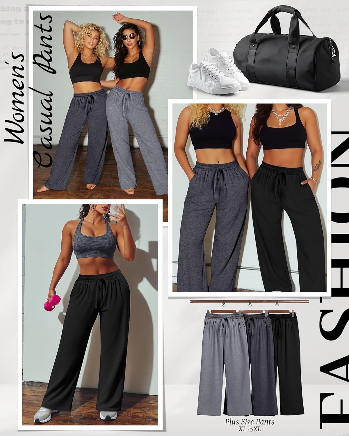 Neer 3 Pack Women's Plus Size Pants Wide Leg Lounge Yoga Pants Casual Baggy Drawstring High Waist Sweatpants with Pockets - Image 3