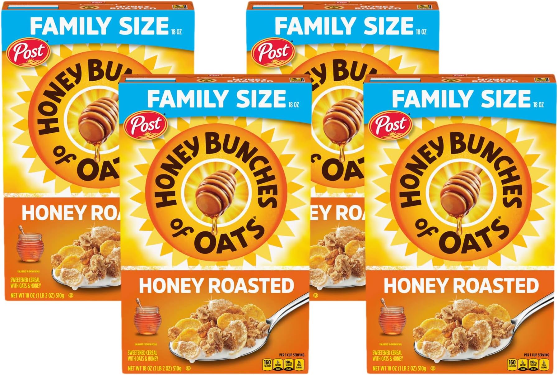Honey Bunches of Oats Honey Roasted Breakfast Cereal, Honey Oats Cereal with Granola Clusters, 18 OZ Box (Pack of 4)