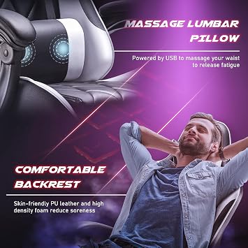 Homall Gaming Chair, Computer Chair with Footrest and Massage Lumbar Support, Ergonomic High Back Video Game Chair with Swivel Seat and Headrest (White)