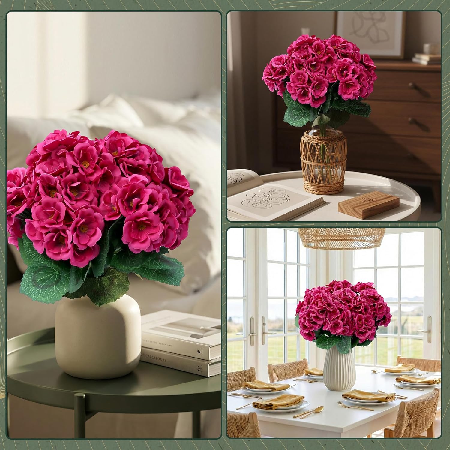 Artificial Geranium Flowers for Outdoor, 12 Bundles Fake Silk Geraniums Flower, UV Resistant Look Real Faux Plants for Front Door Garden Porch Patio Balcony Yard Indoor Home, FF20, Rose Red