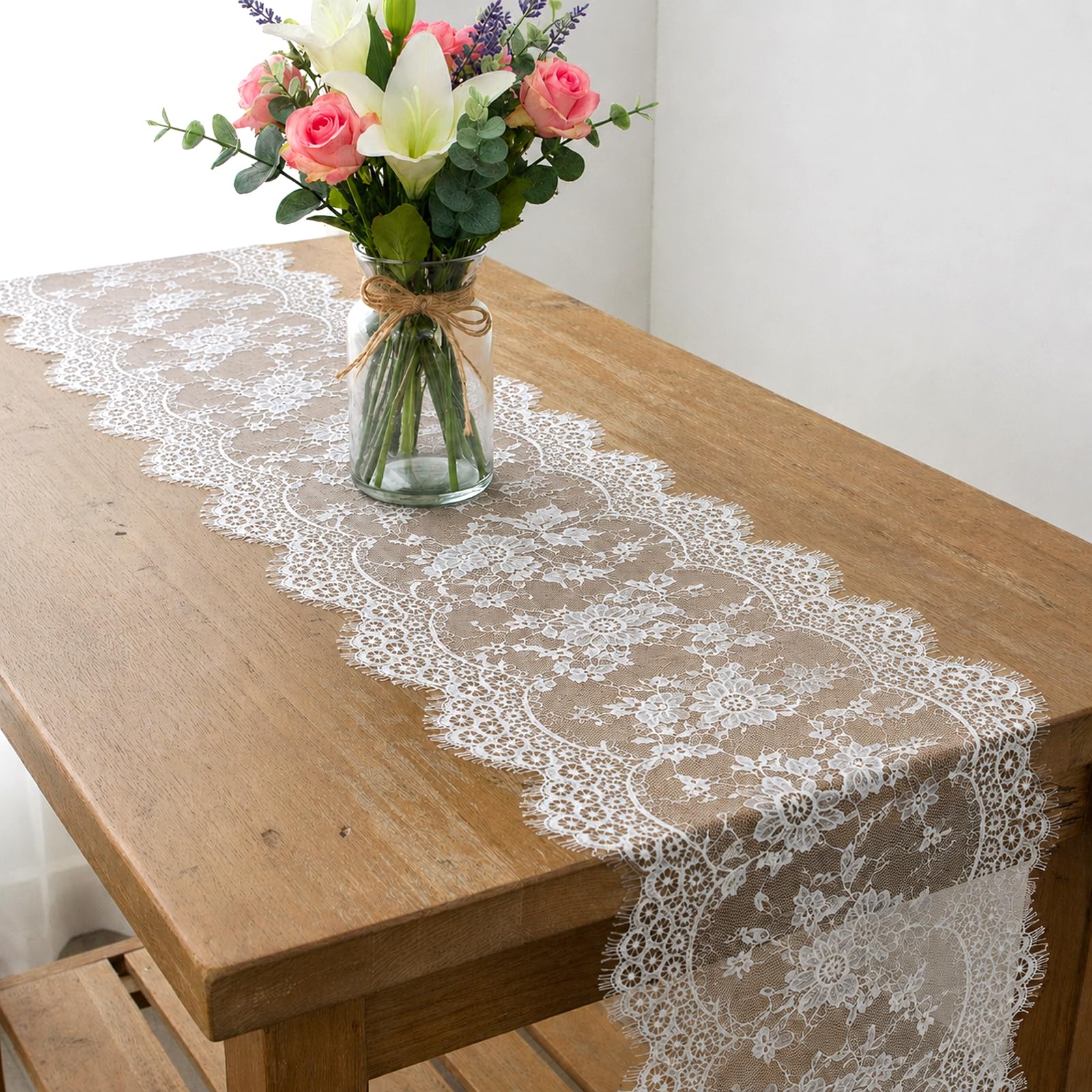 Lace Table Runner Vintage White Lace Tablecloth Embroidered Doilies Long Tulle Fabric Halloween Table Decor for Wedding Home Parties Gathering(35 x 300 cm)