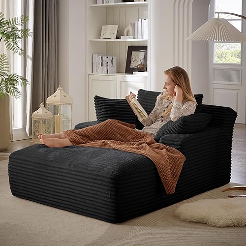 Boneless Couch Sofa Chiar Chaise Lounge Chair Indoor Upholstered Corduroy Couch Cloud Sleeper Sofa Oversized Reading Chair for Living Room No Assembly Required (Black, 50" W x 67" D)