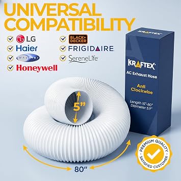 Portable Air Conditioner Hose. AC Exhaust Hose Vent with 5 Diameter, Anti-Clockwise Thread & Length up to 80. Portable AC Hose Compatible with LG, Delonghi and Many More.