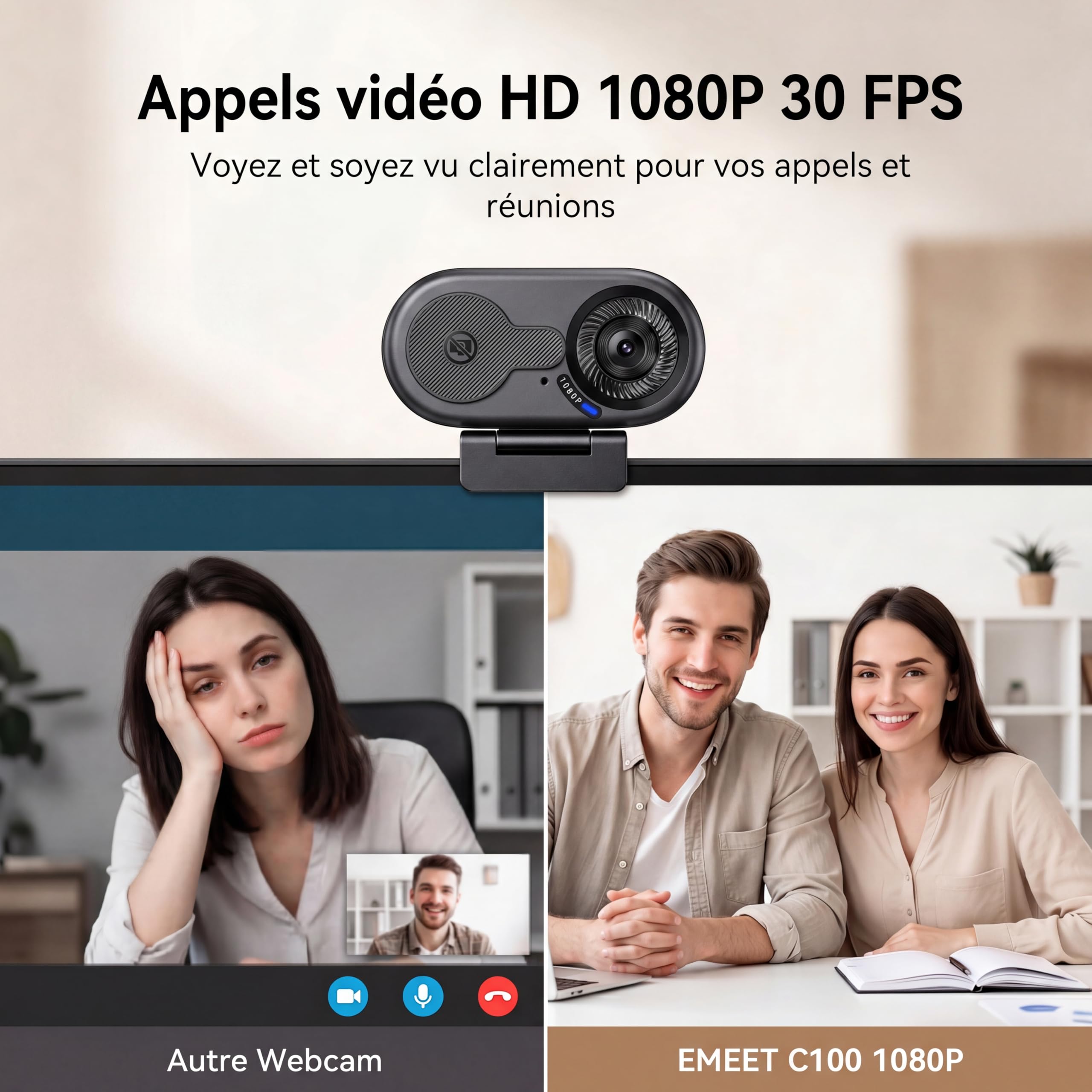 eMeet Webcam 1080P pour PC, C100 Webcam pour Ordinateur Portable avec Microphone, Web cam HD avec Cache-Objectif, Caméra d'Ordinateur 66°, Plug&Play, Caméra USB pour OBS/Twitch/Youtube/Windows/Mac