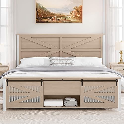 YITAHOME King Size Farmhouse Bed Frame with Sliding Barn Door Storage Cabinets,Platform Bed Frame with 47.2" Headboard, Solid Metal Slats Support, Noiseless, No Box Spring Needed,Oak